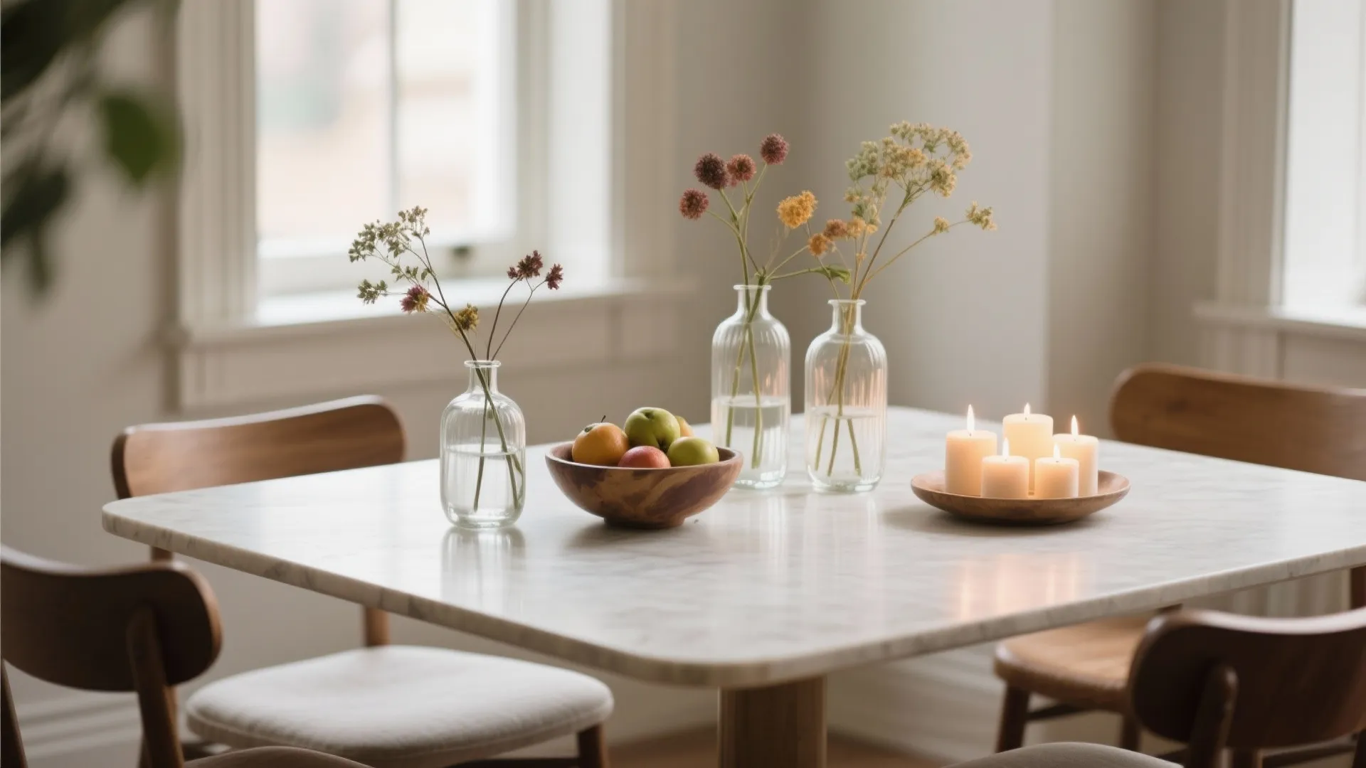 Marble dining table featuring fruit bowl glass vases with flowers lit candles and four chairs