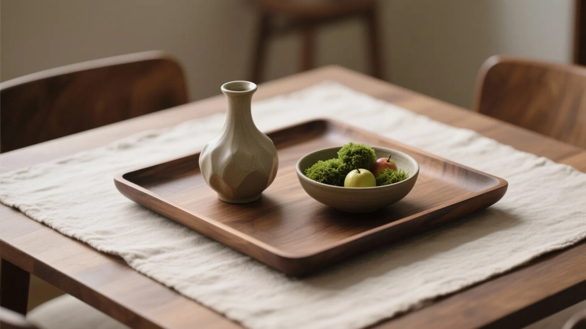 Wooden tray with ceramic vase and moss bowl on dining table with white cloth and chairs