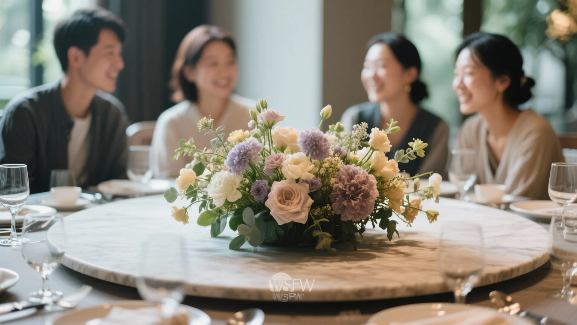 Low floral arrangement on a dining table with guests visible