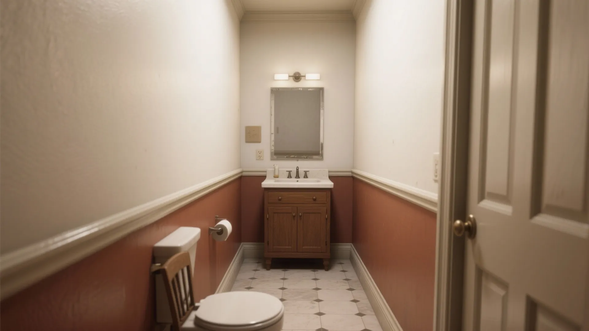 Narrow bathroom with a slim chair rail at mid-height, darker lower paint and light upper paint, showing visual lift.