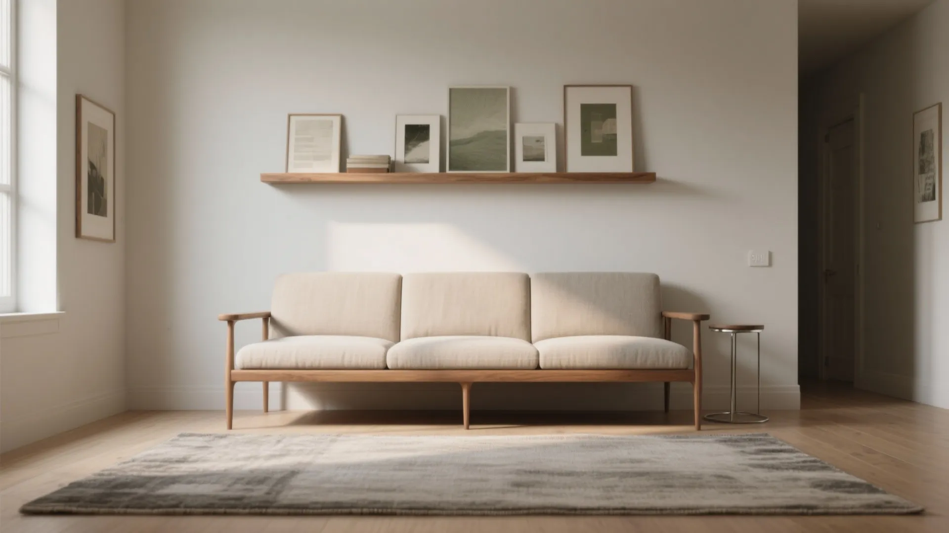 Minimalist living room featuring a wooden sofa with beige cushions and a shelf with picture frames