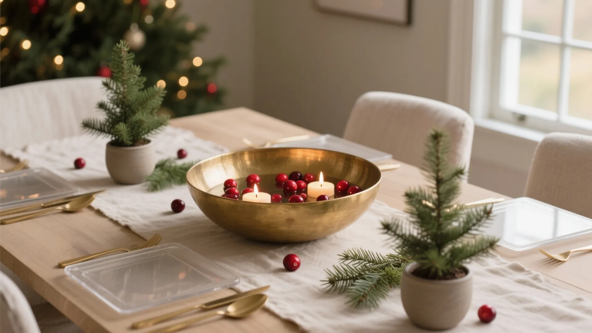 Dining table decorated with gold bowl floating candles red berries small pine trees and plates
