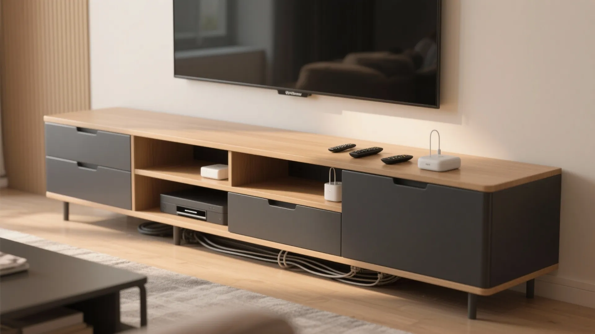 Wooden TV cabinet with grey drawers holding electronic devices and remotes in a bright room