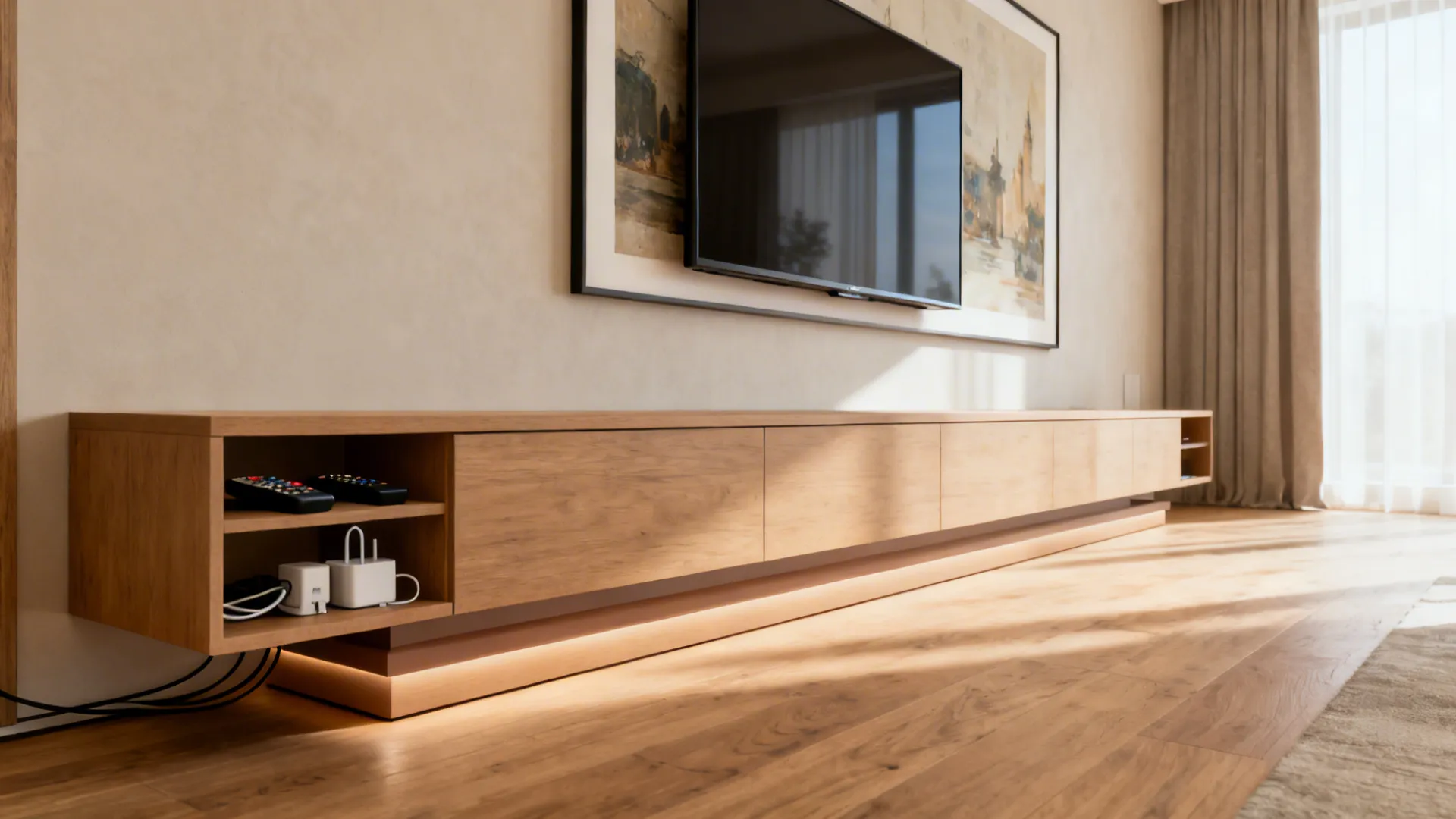 Wall-to-wall low console with recessed toe-kick and oversized art above in a modern living room.