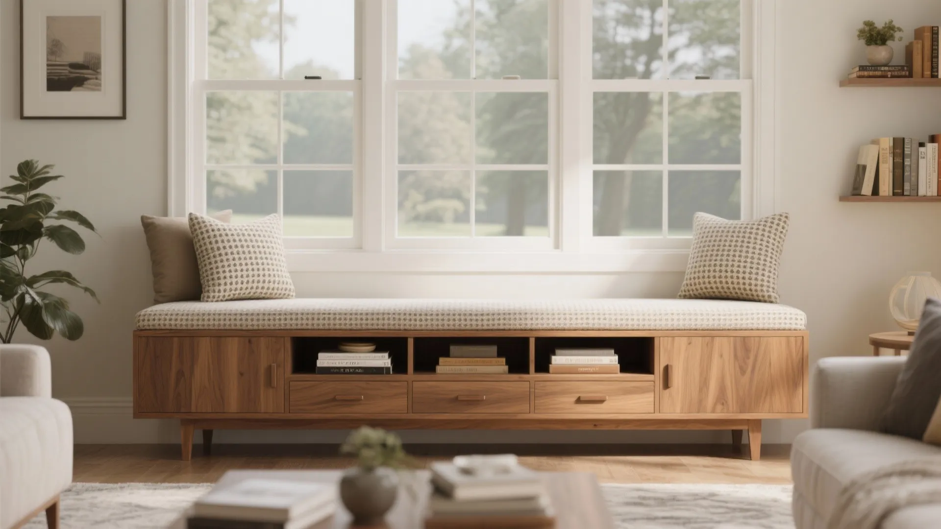 Wooden window bench with soft cushions and storage drawers placed under a bright white window