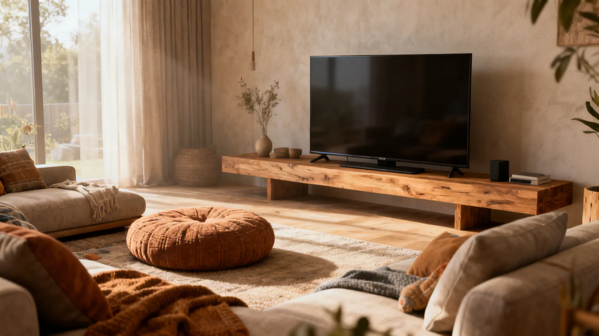 Cozy living room with a 55-inch TV on a low console and low seating for comfortable sightlines.