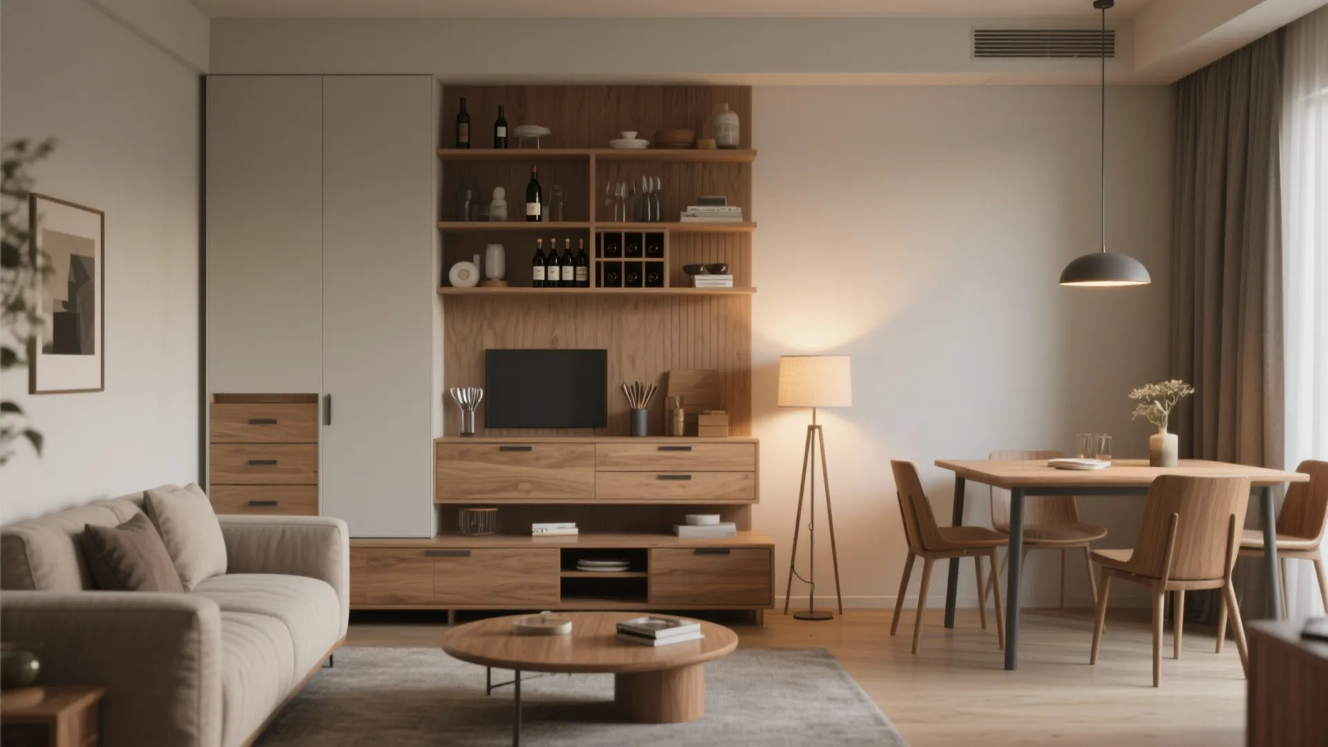 Slim low console behind a sofa separating living and dining with storage and a wine shelf.