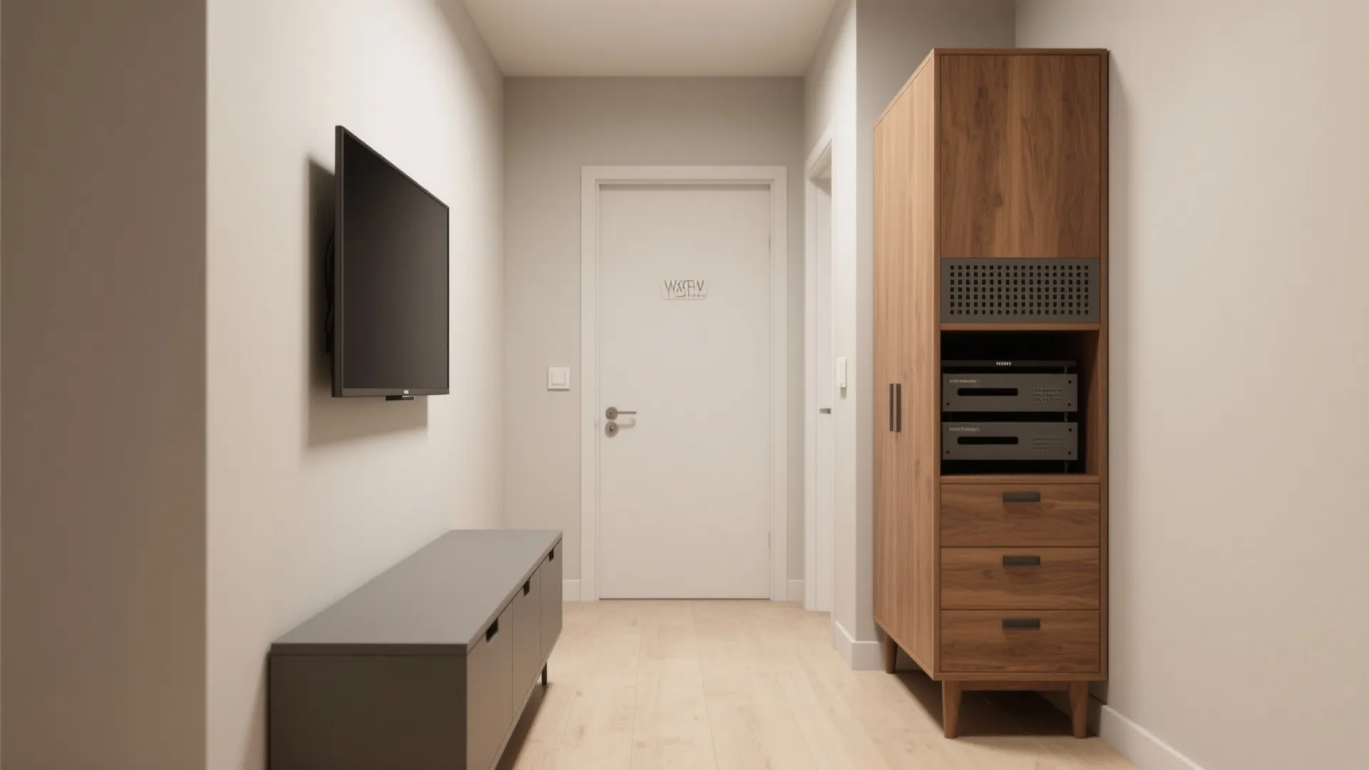 Low console + full-height storage tower