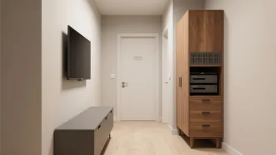 Modern Hallway Entertainment Setup with Wood Accent