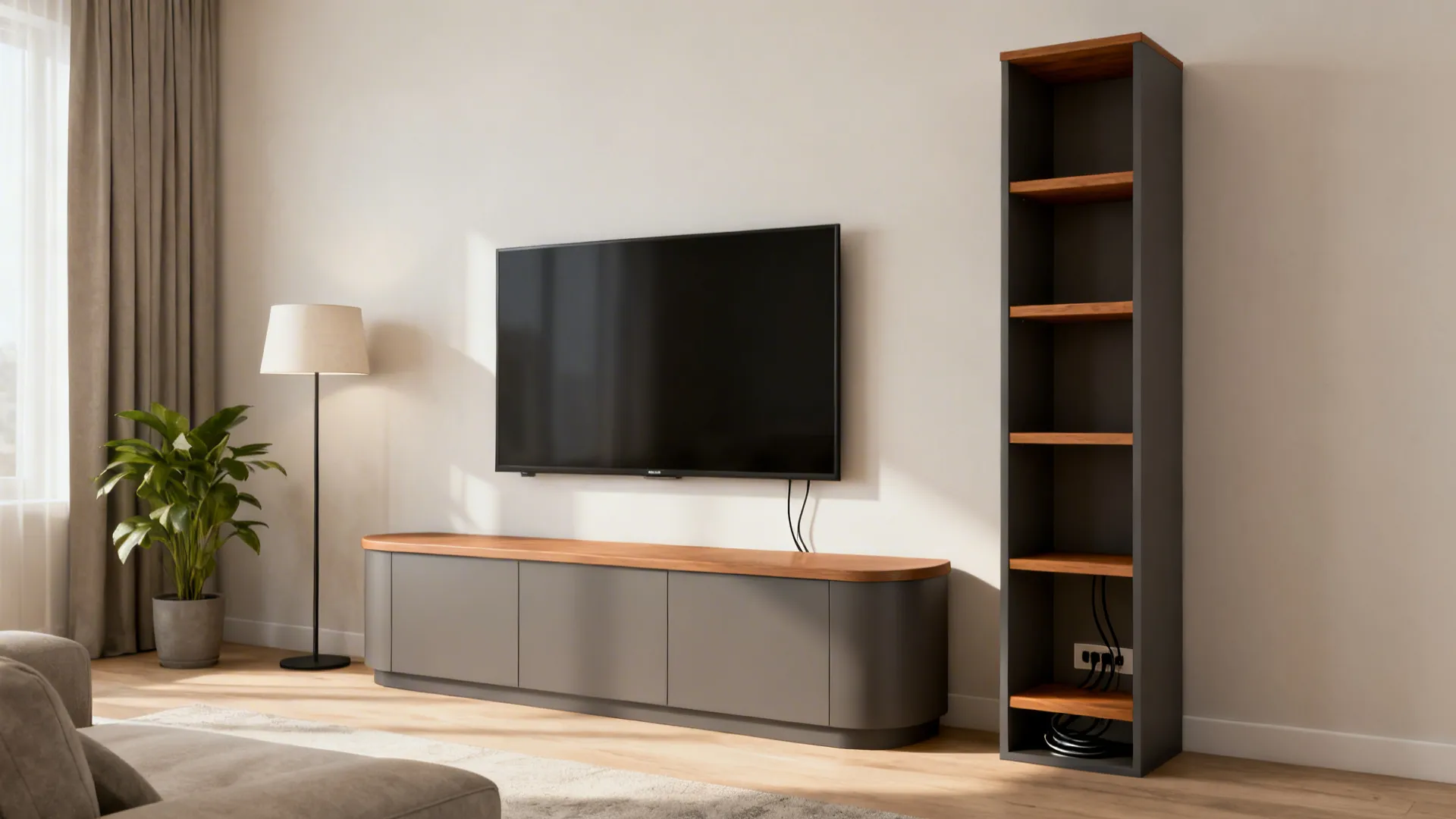 Modern living room featuring grey TV cabinet, wooden top, tall bookshelf, wall-mounted TV, and plant