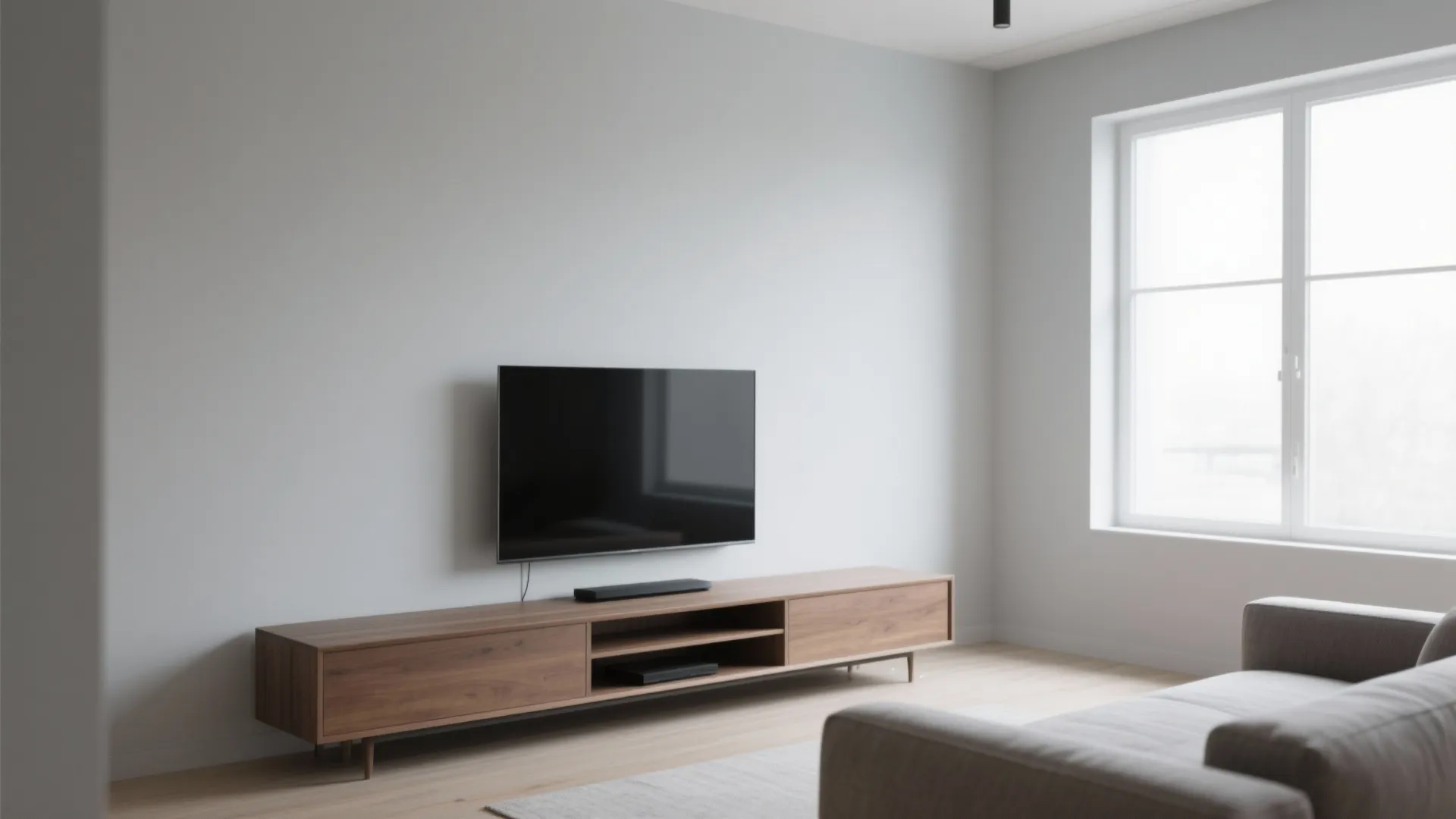 Minimalist living room with low TV console and neutral decor