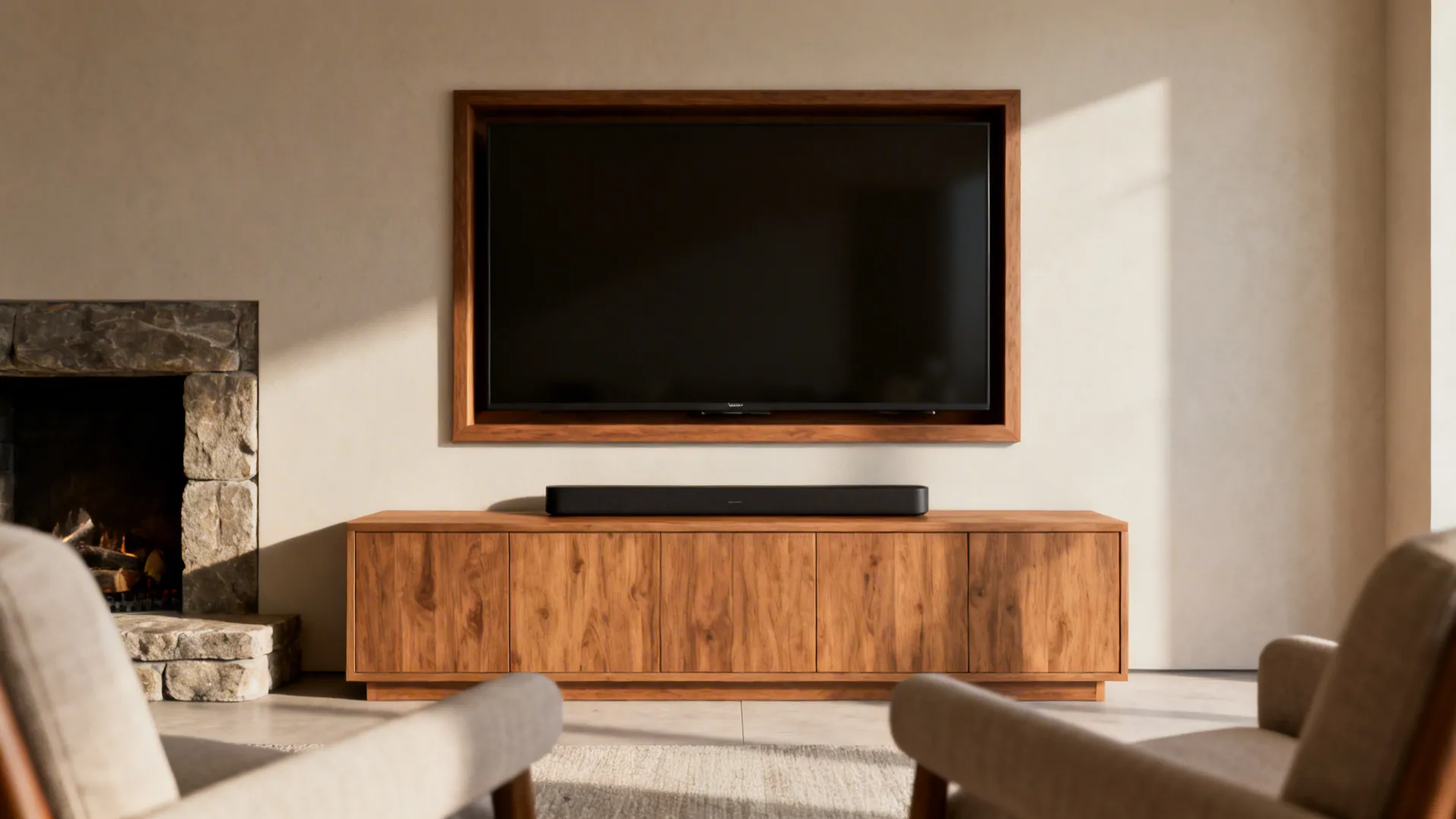 Living room with a low media console placing the TV at seated eye level in front of a fireplace opening.