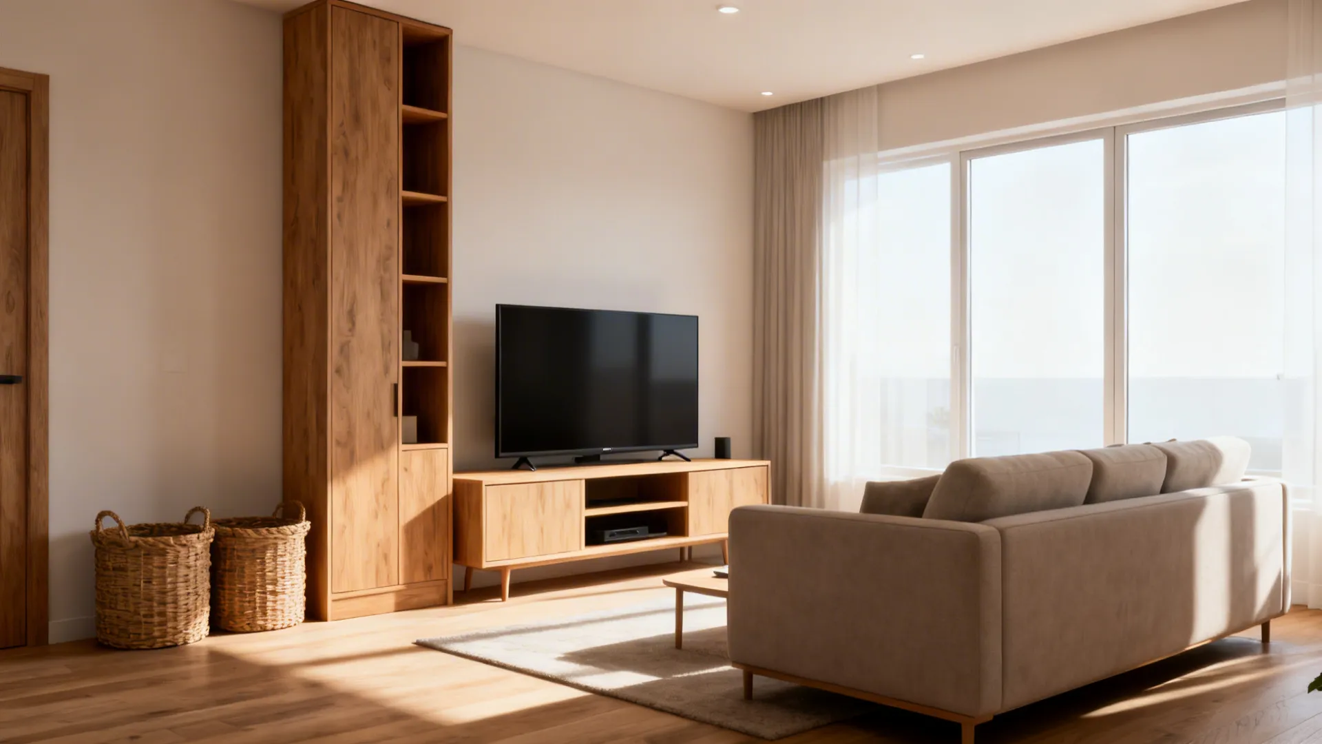 Low TV console with tall vertical storage unit and baskets in a compact living room
