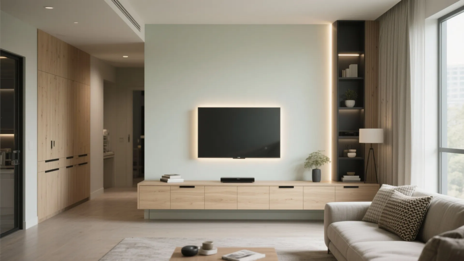 Low Console or Built-In Media Wall on the Longest Wall