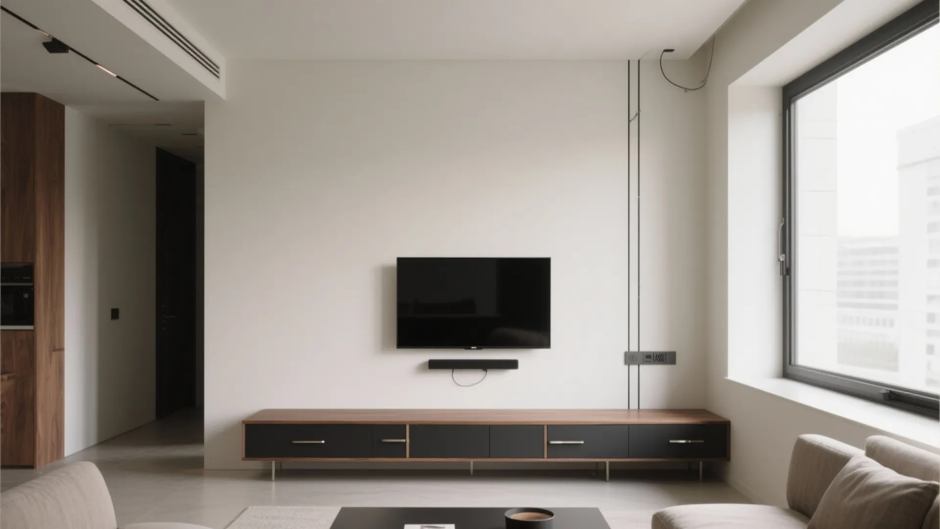 Small TV mounted above a low, long console with clean sightlines and concealed cables.