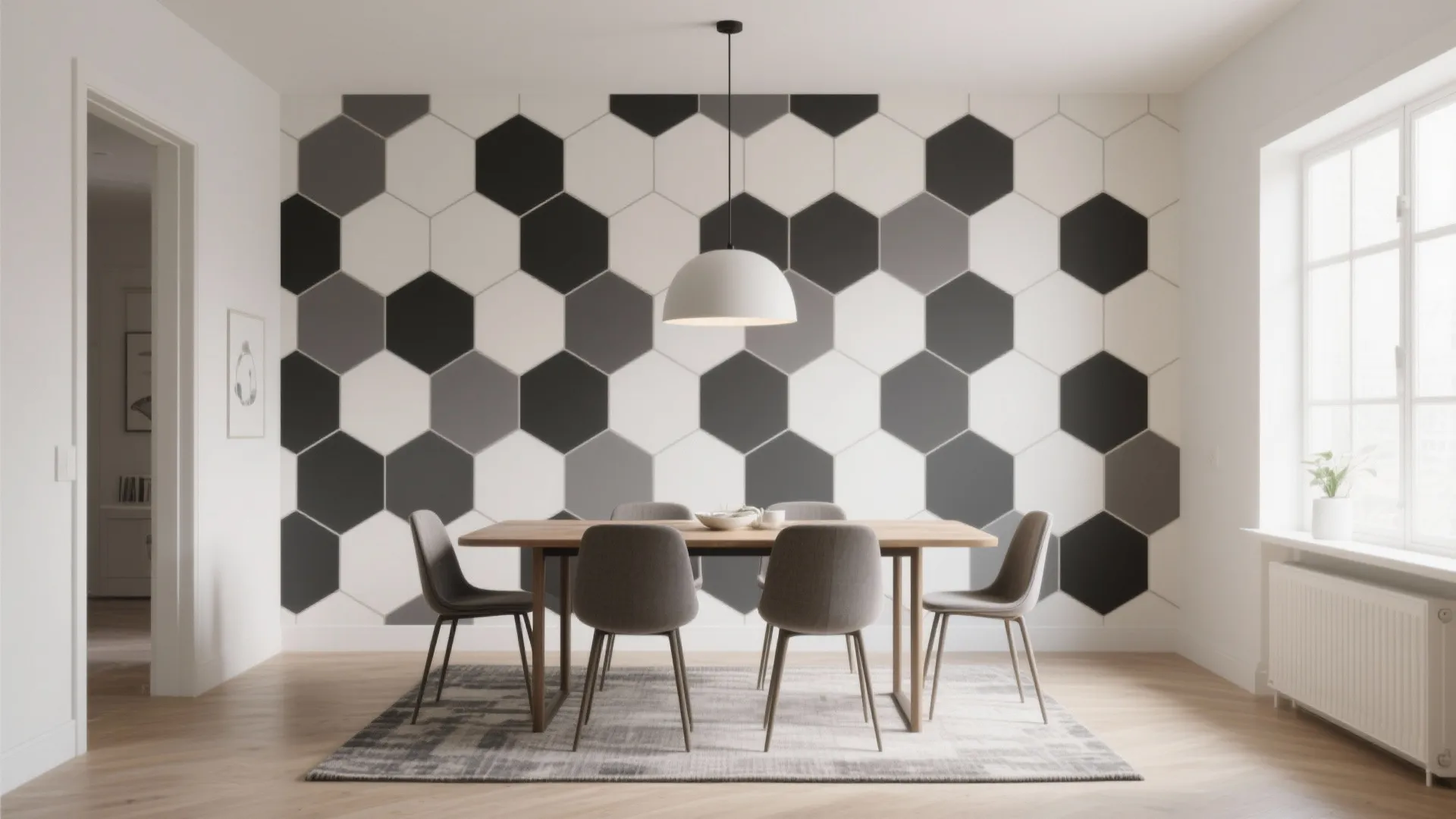Modern dining room with hexagon wall pattern wooden table grey chairs and white ceiling light