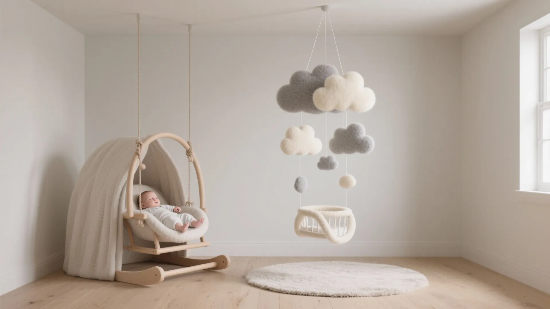 Minimalist baby room with white rocking chair hanging cloud toys round rug and light wood floor