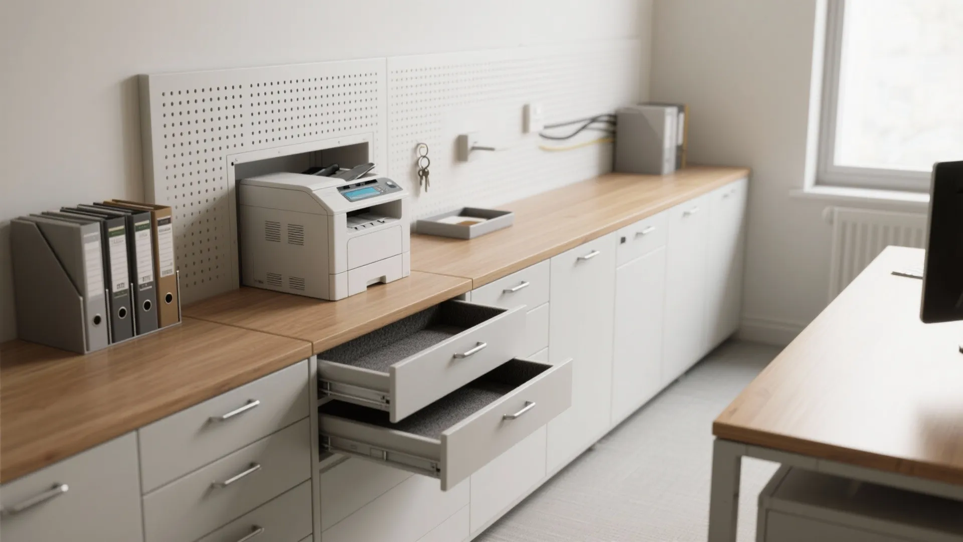 Modern office room with white storage cabinet wooden top printer open drawers and organized folders