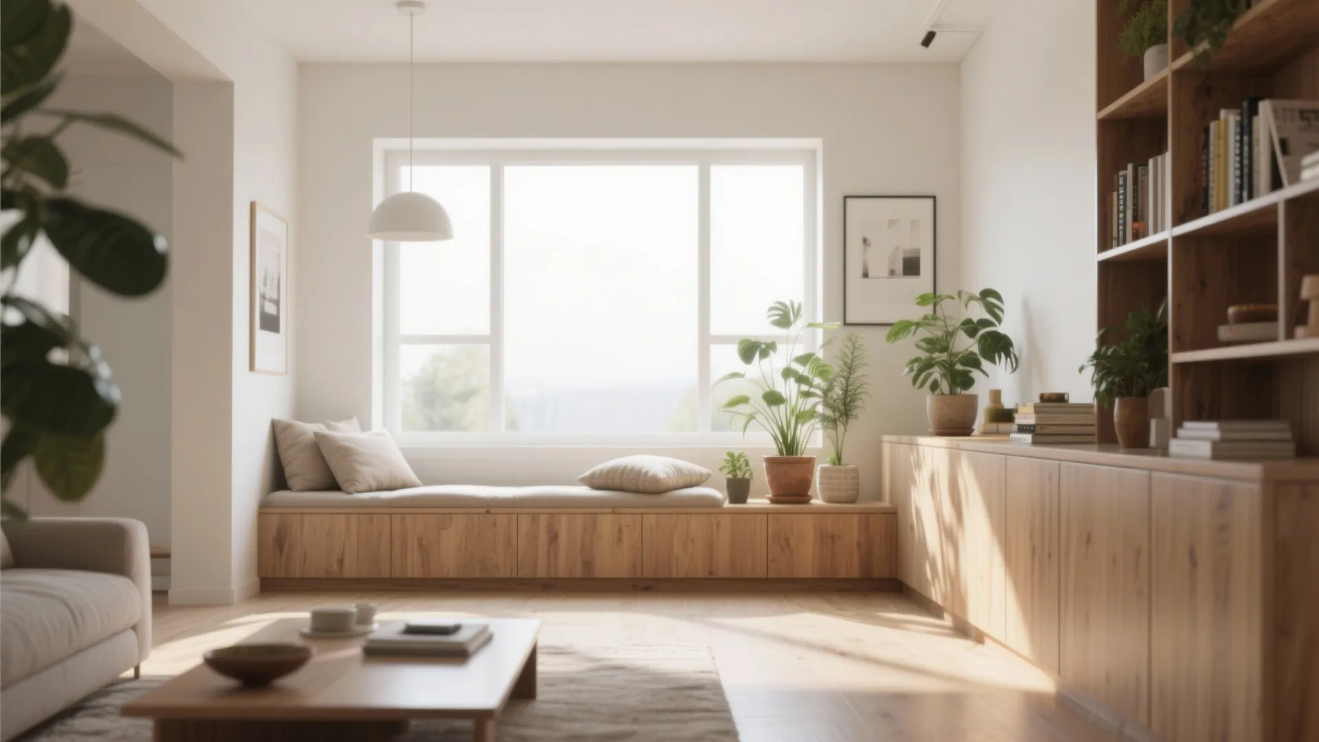 Bright living room with wood bench under windows green plants ceiling light and storage cabinet