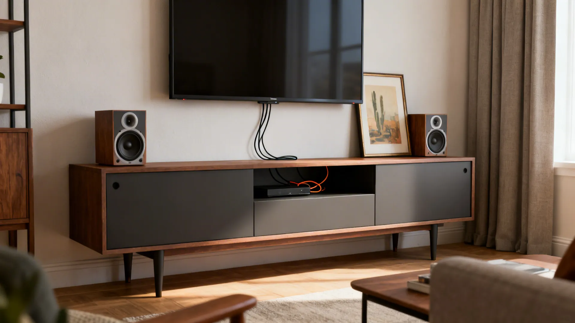 Low credenza under a wall-mounted TV in a small living room with clean sightlines and simple styling.
