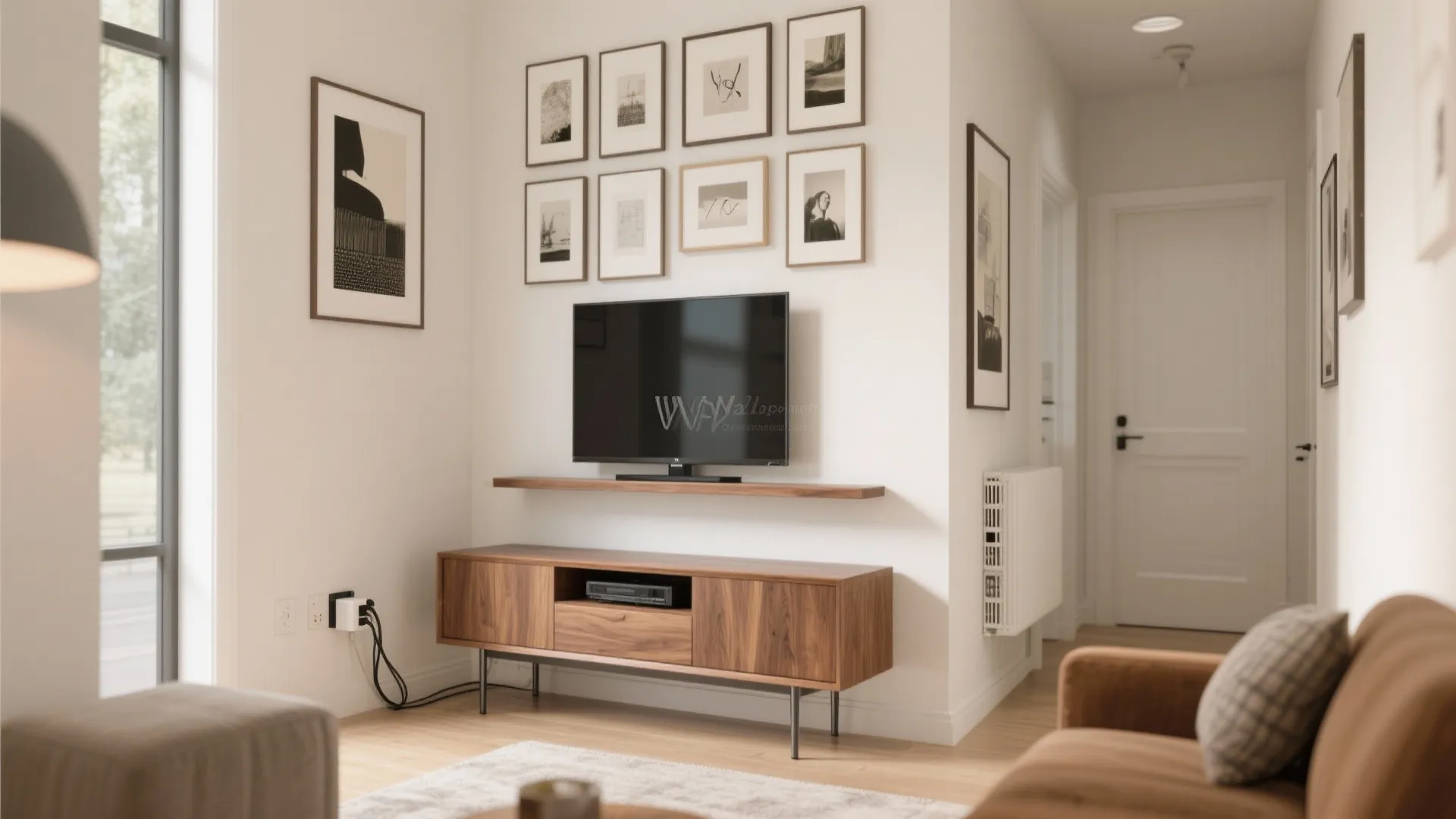 Low credenza with media shelf and art-led wall