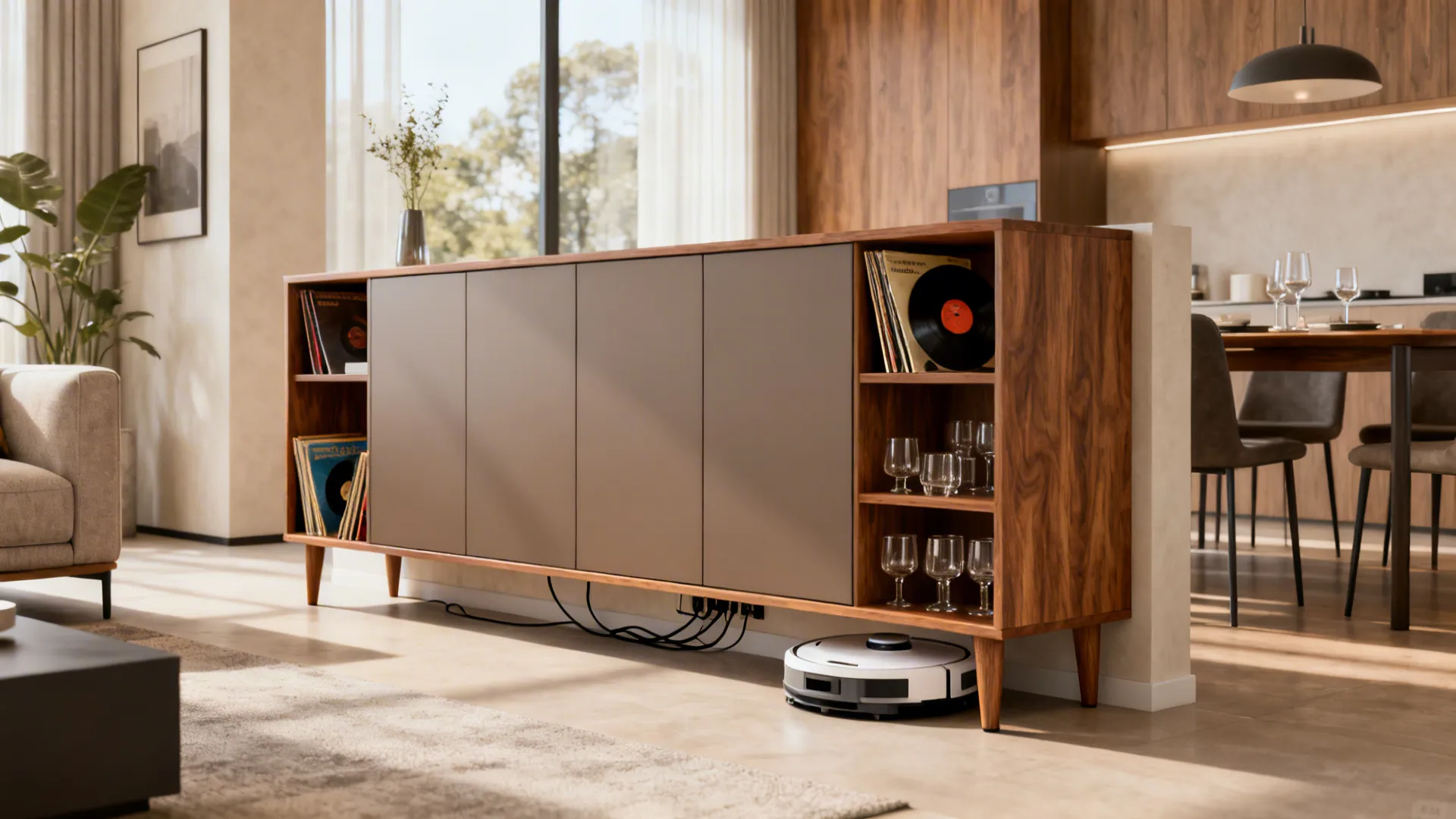 Waist-high credenza divides living and dining while keeping sightlines open.
