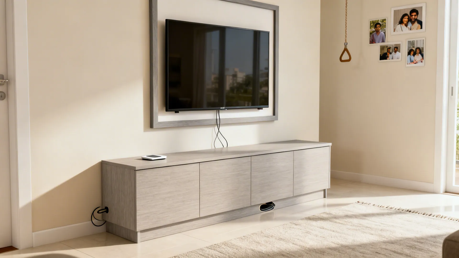 Low matte laminate credenza with a wall-mounted frame TV creating open sightlines in a small living room.