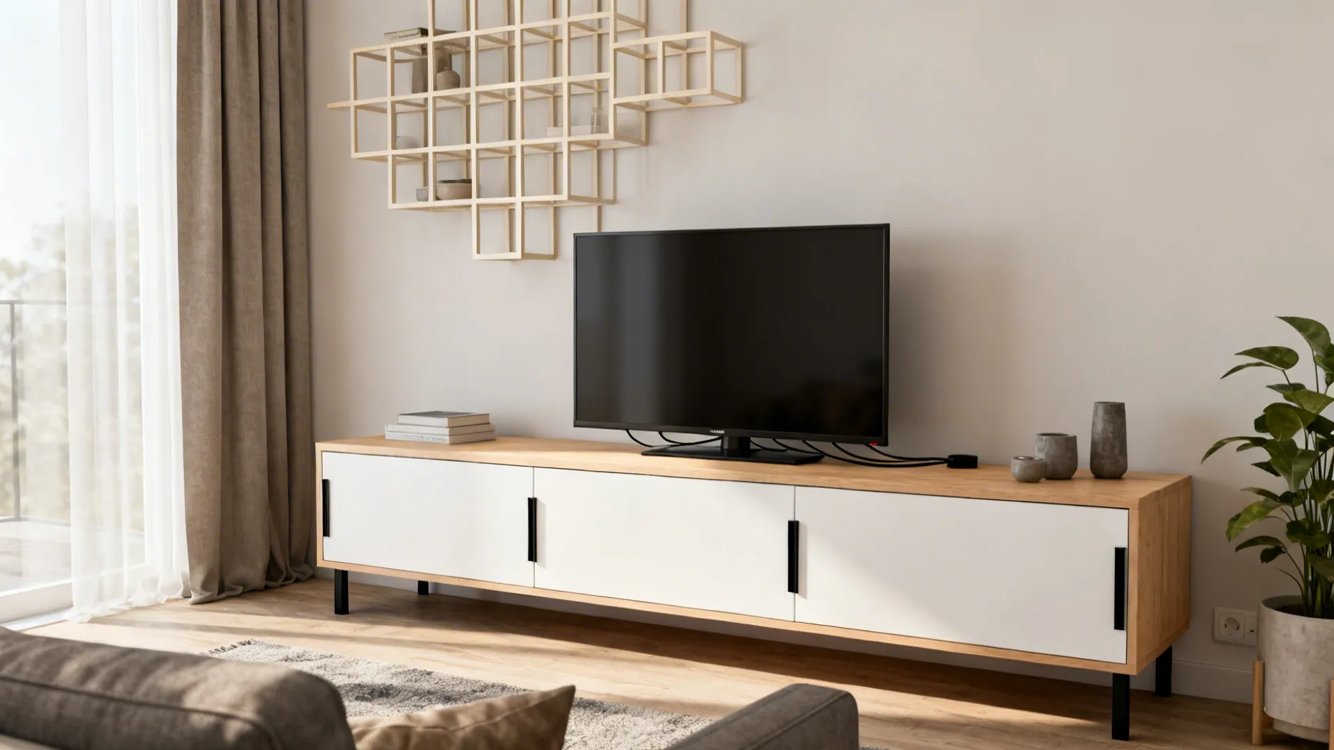 Low media credenza with closed storage and an airy asymmetrical wall shelf grid above.