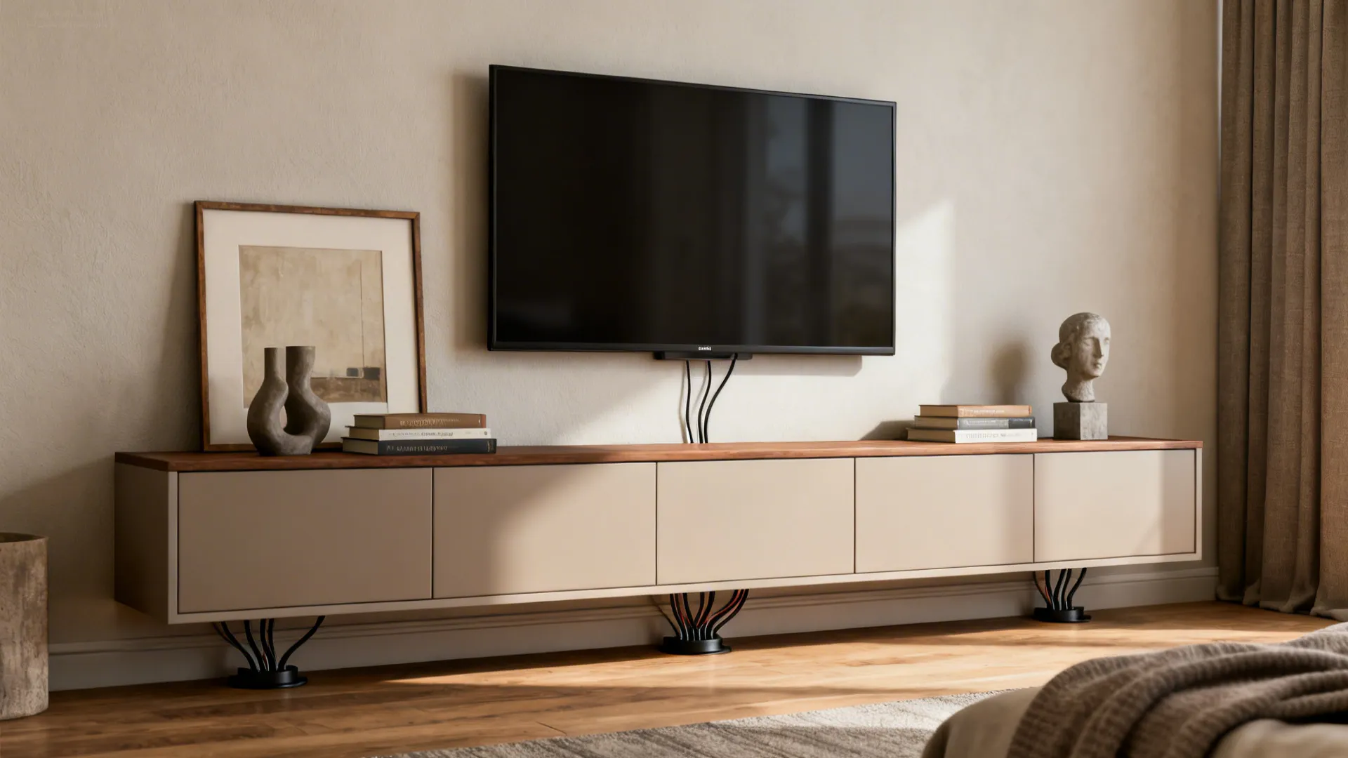 TV over a long, low credenza styled with art, books, and sculptural decor in a small living room.