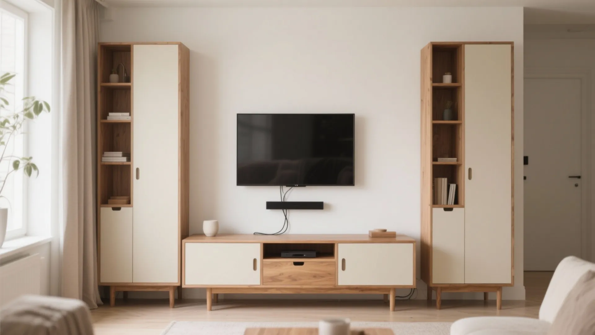 Low credenza + tall storage towers for small living rooms