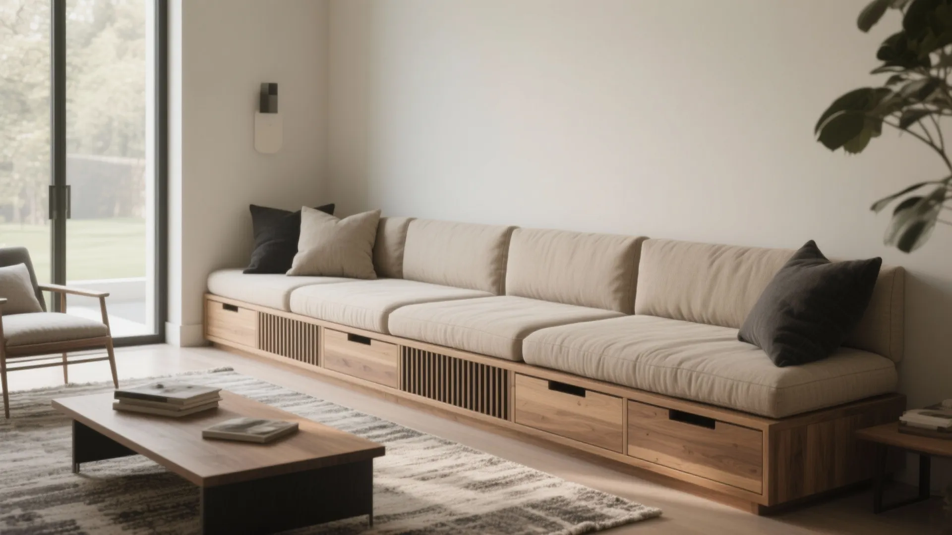 Low daybed-style built-in bench with storage, bolsters, and dense cushions