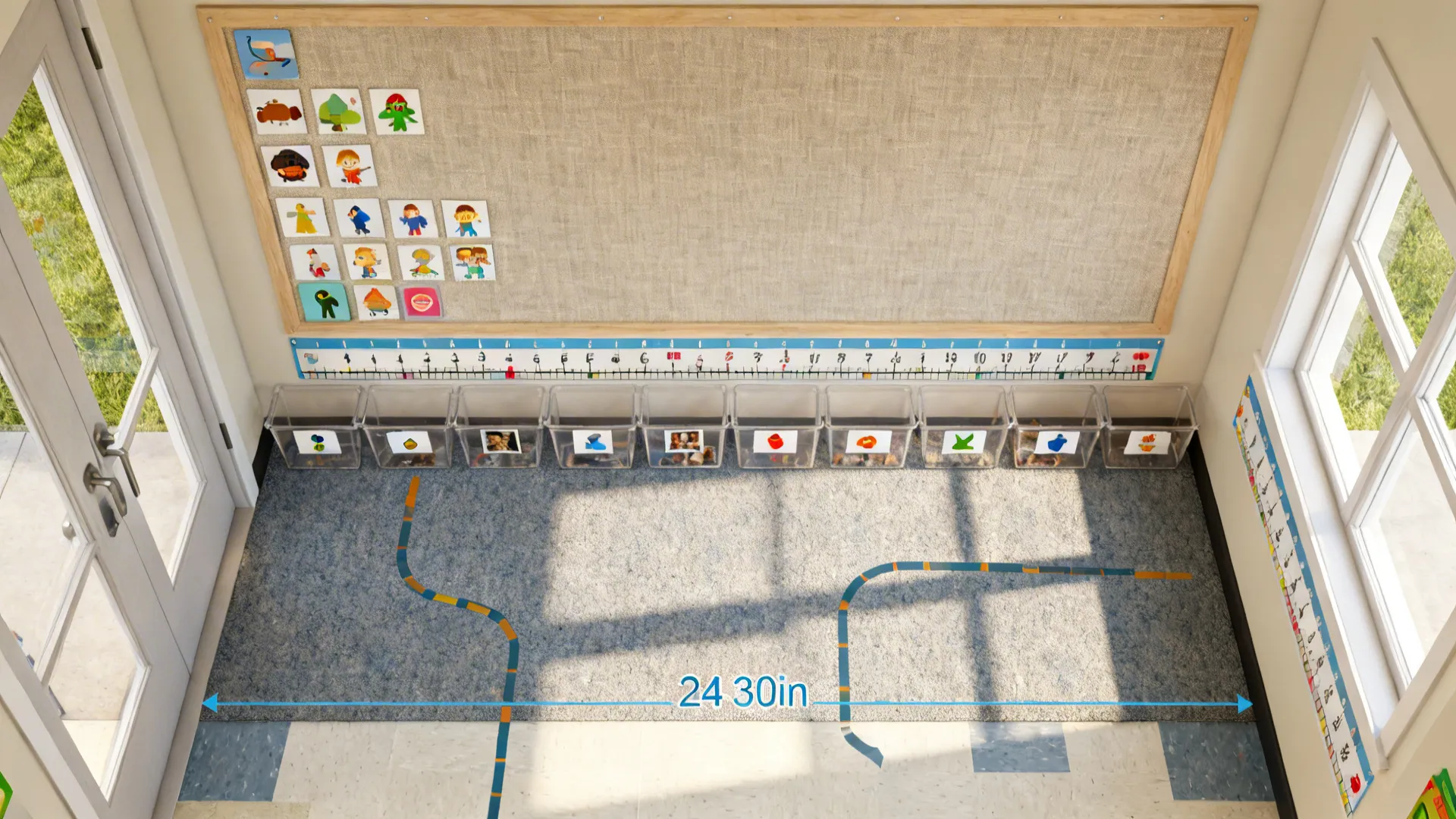 Top-down view of preschool entry with low-mounted visual schedule and labeled bins.