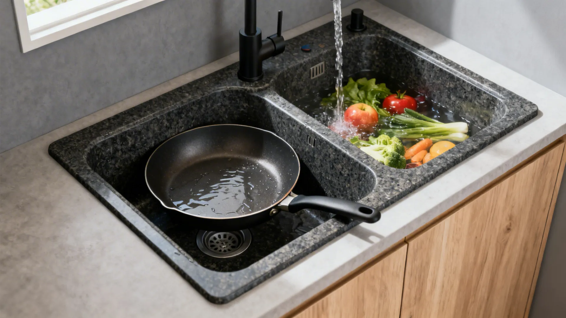 Composite granite low-divide double-bowl sink with a skillet spanning the center saddle.