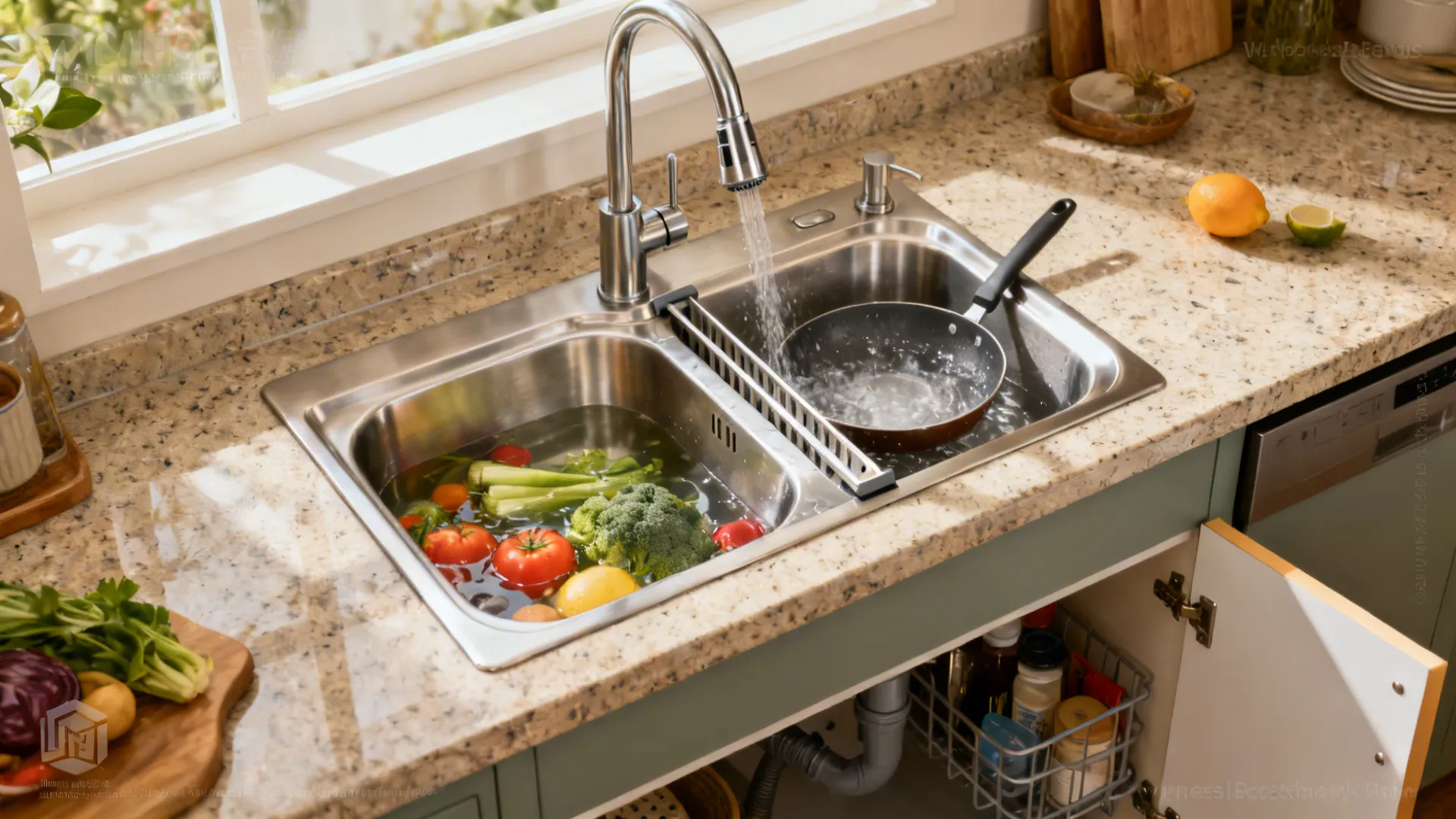Low-divide stainless sink enabling multitasking with a pan spanning both bowls.