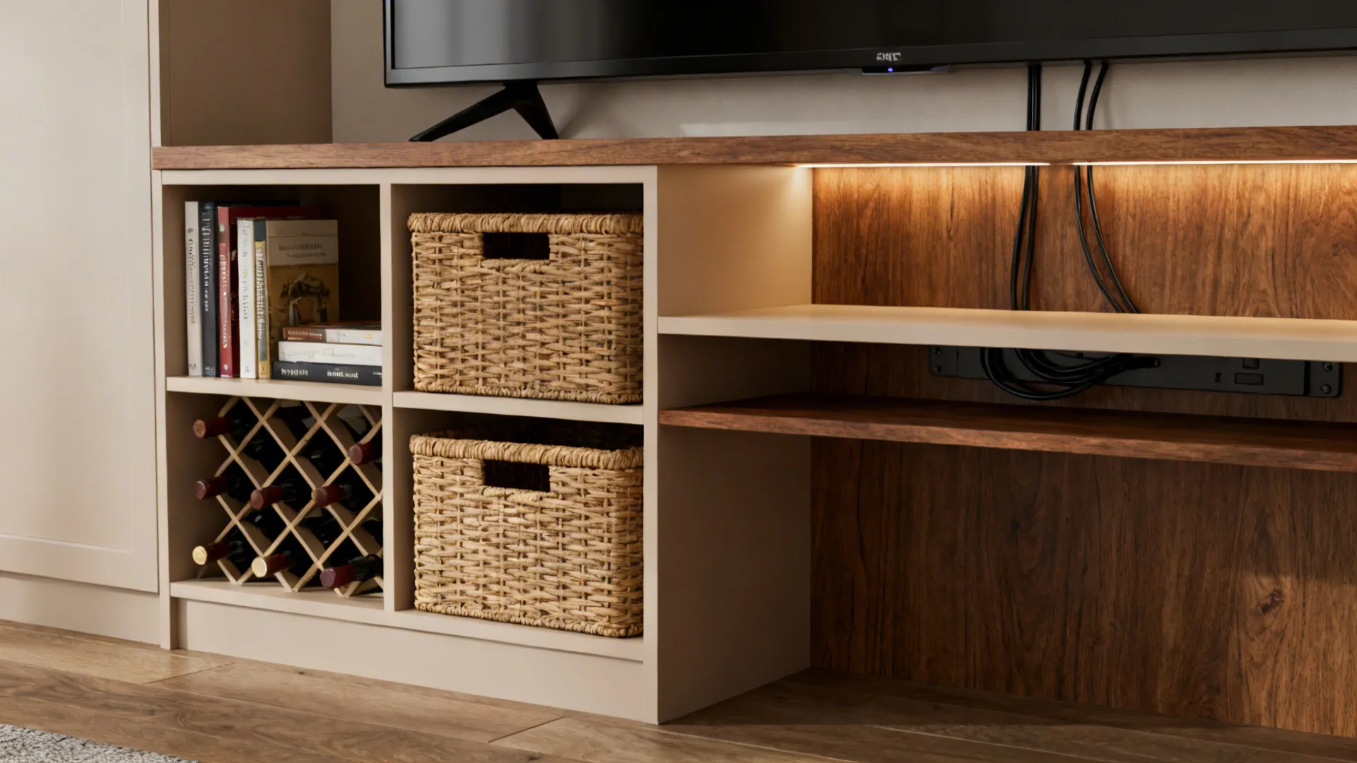 Low storage divider with open shelves holding books, baskets and a wine rack between kitchen and living room.
