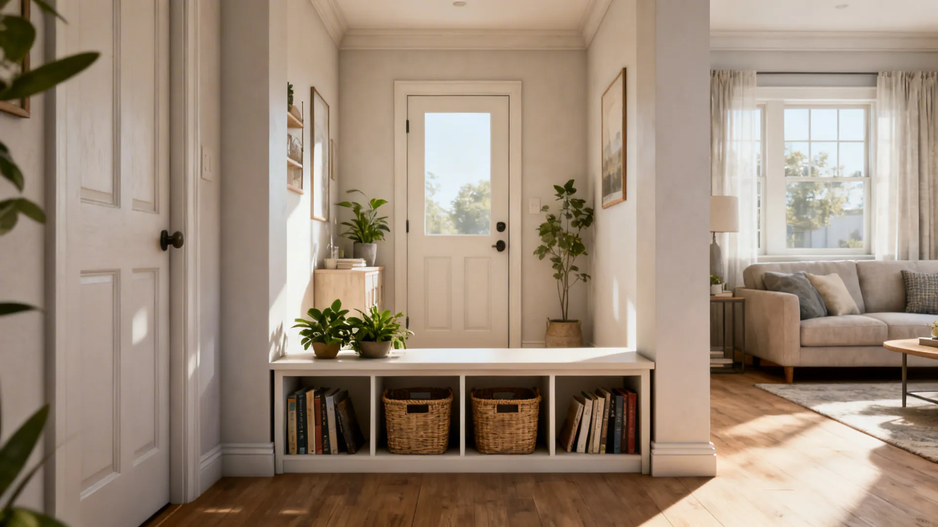 Low open bookshelf used as a divider parallel to a centered front door, keeping sightlines open.