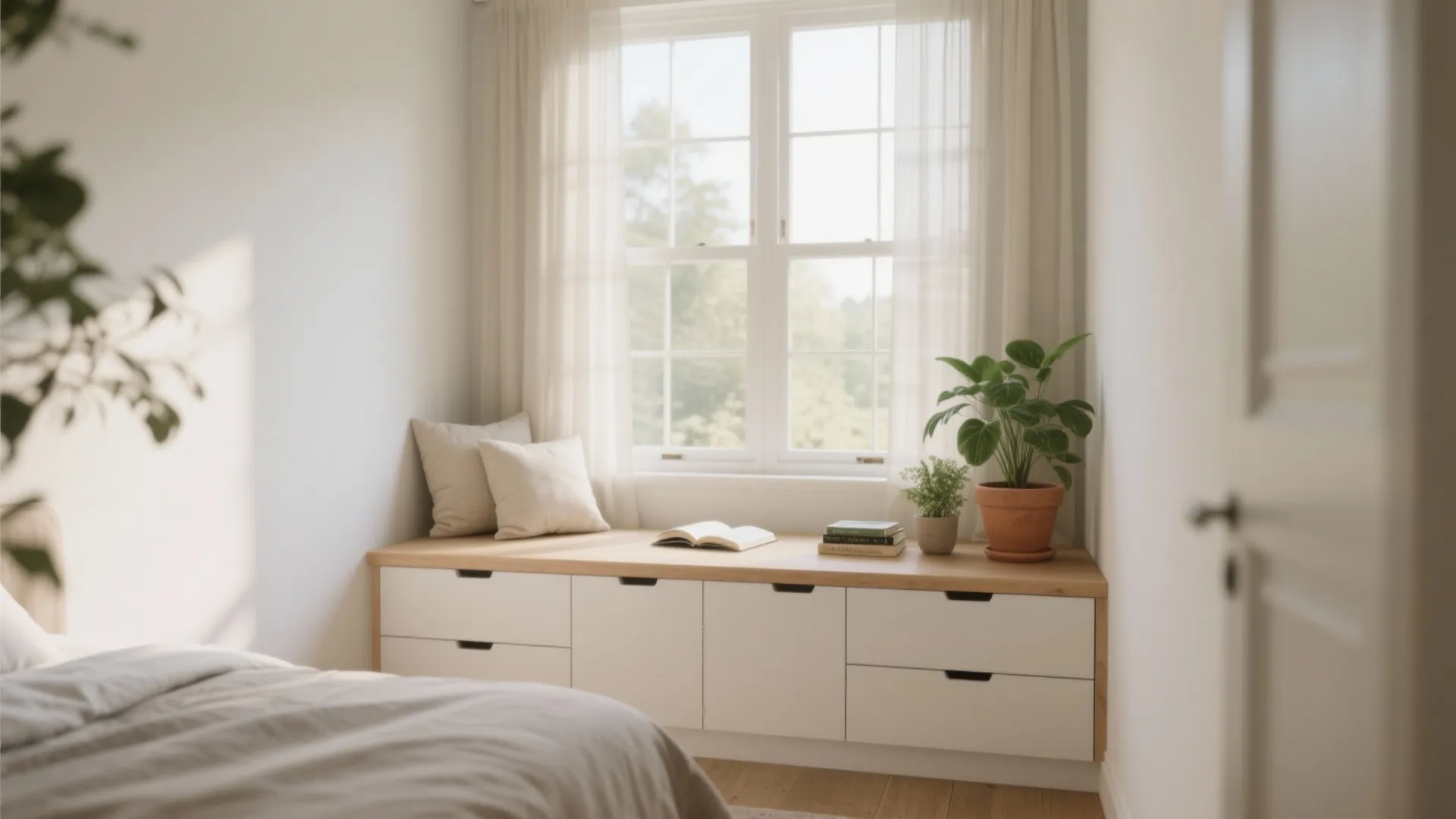 Low dresser under window as seat and storage in a small bedroom, matte white and light wood with cushion and plants.