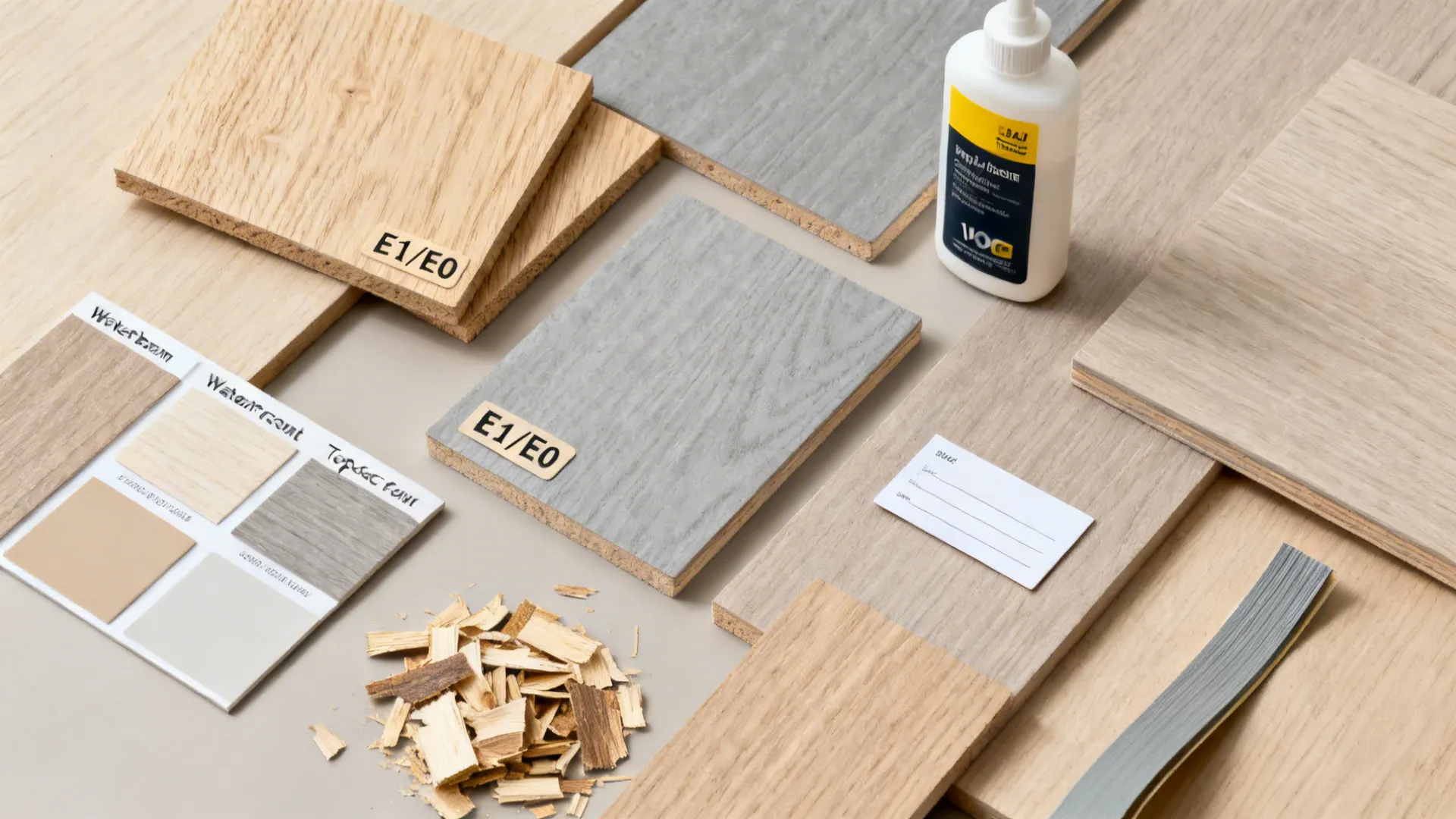 Flat-lay of low-emission plywood samples with waterborne finishes and laminate swatches.