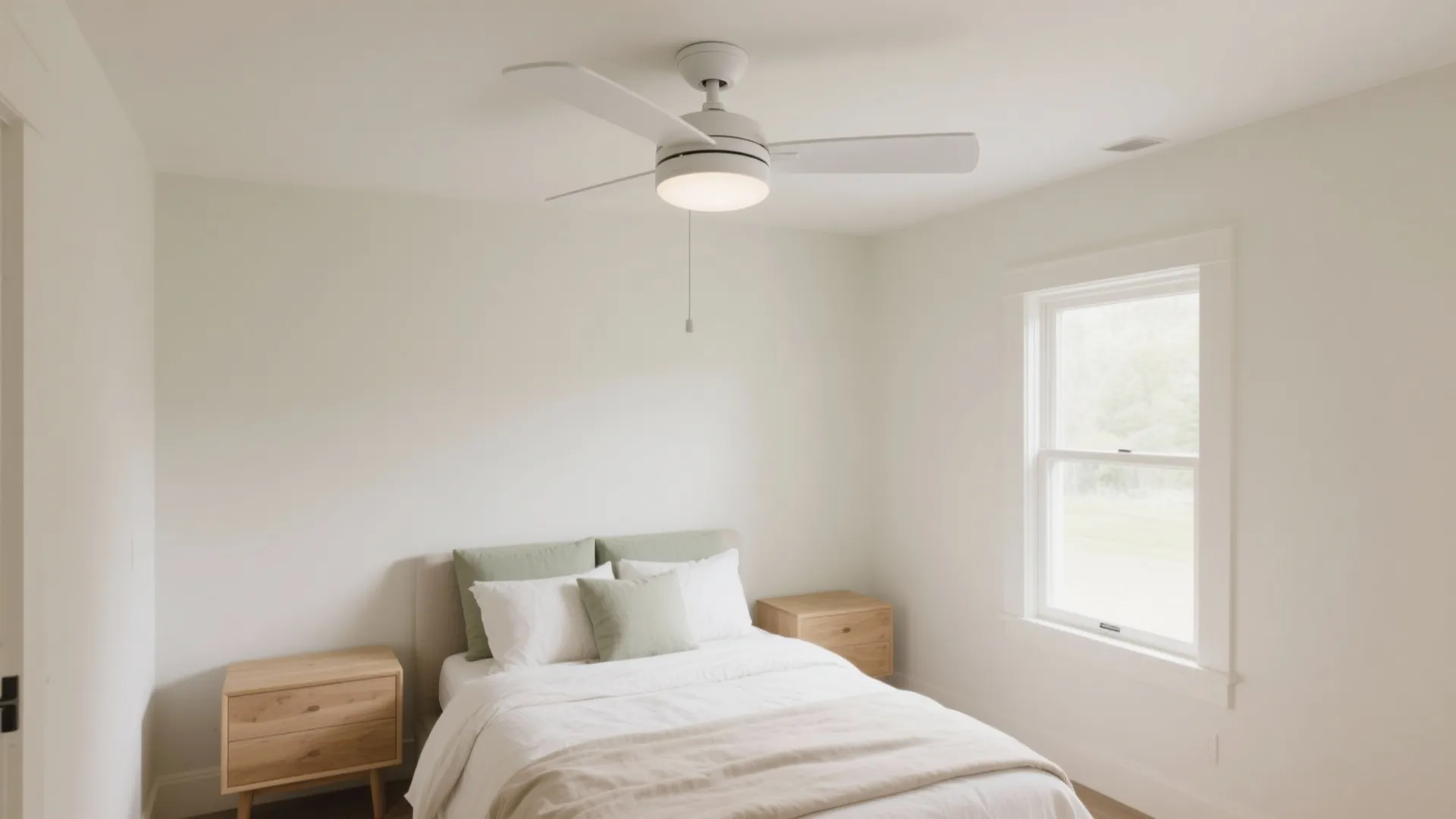 Bright minimalist bedroom featuring white walls wooden side tables and a white ceiling fan light