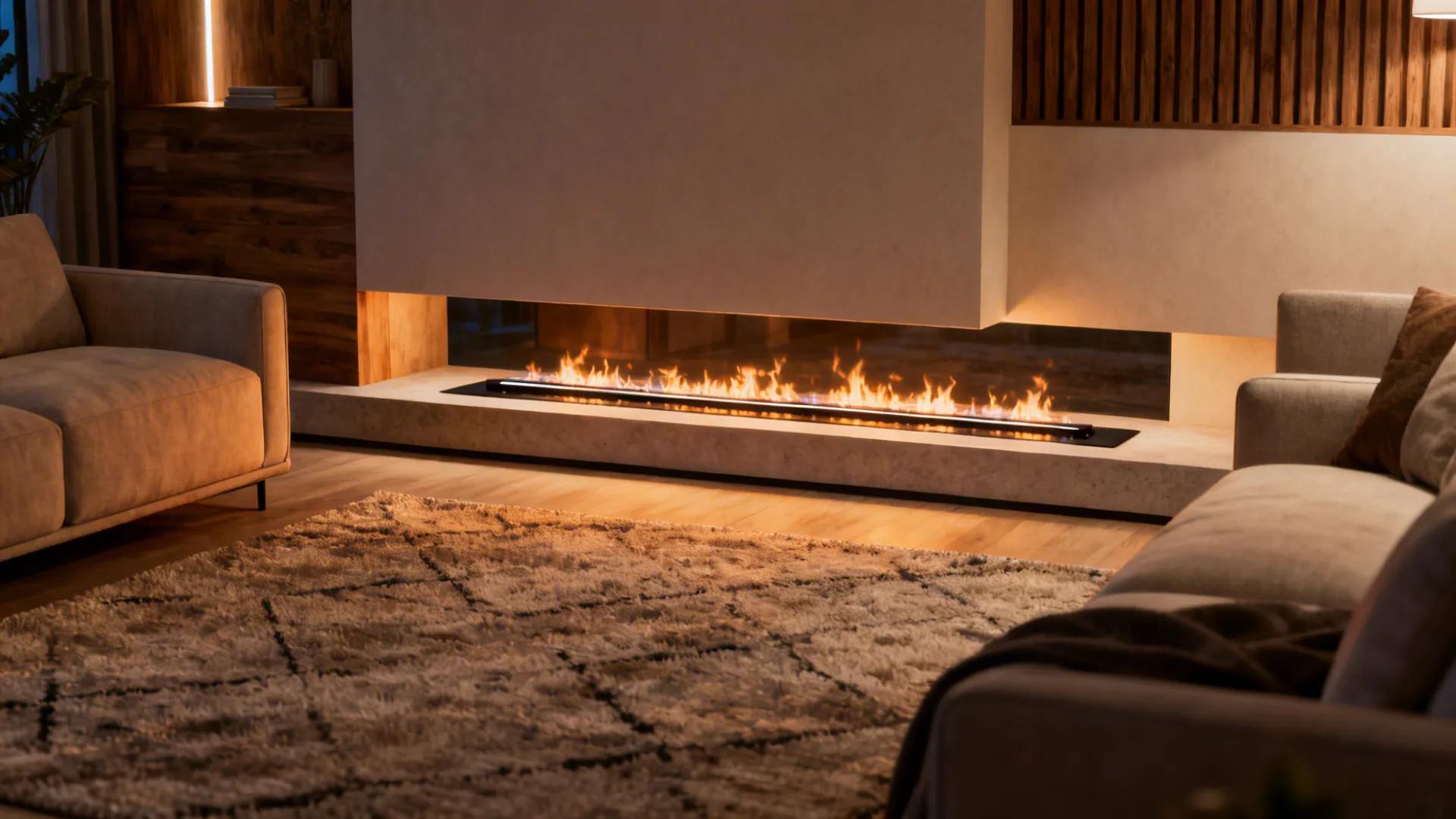 Modern living room with long linear fireplace, two grey sofas, textured rug, and wooden wall