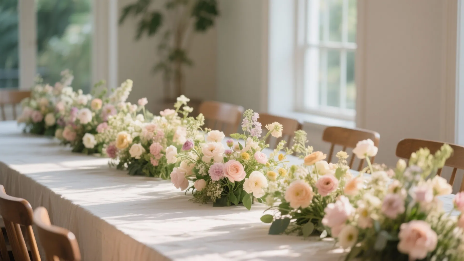 Low-profile floral arrangements on rectangle table