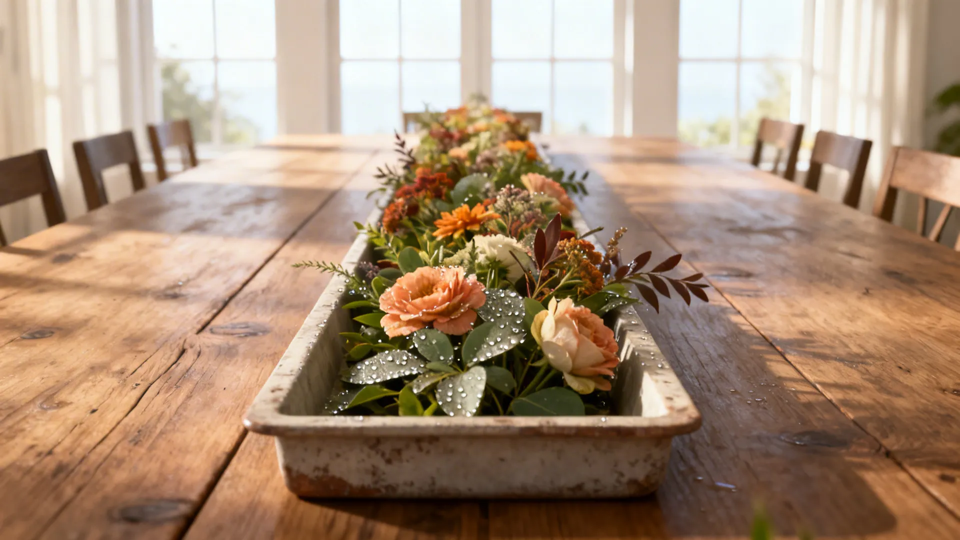 Narrow dining table with a low floral runner in a shallow wooden trough of seasonal flowers and foliage.