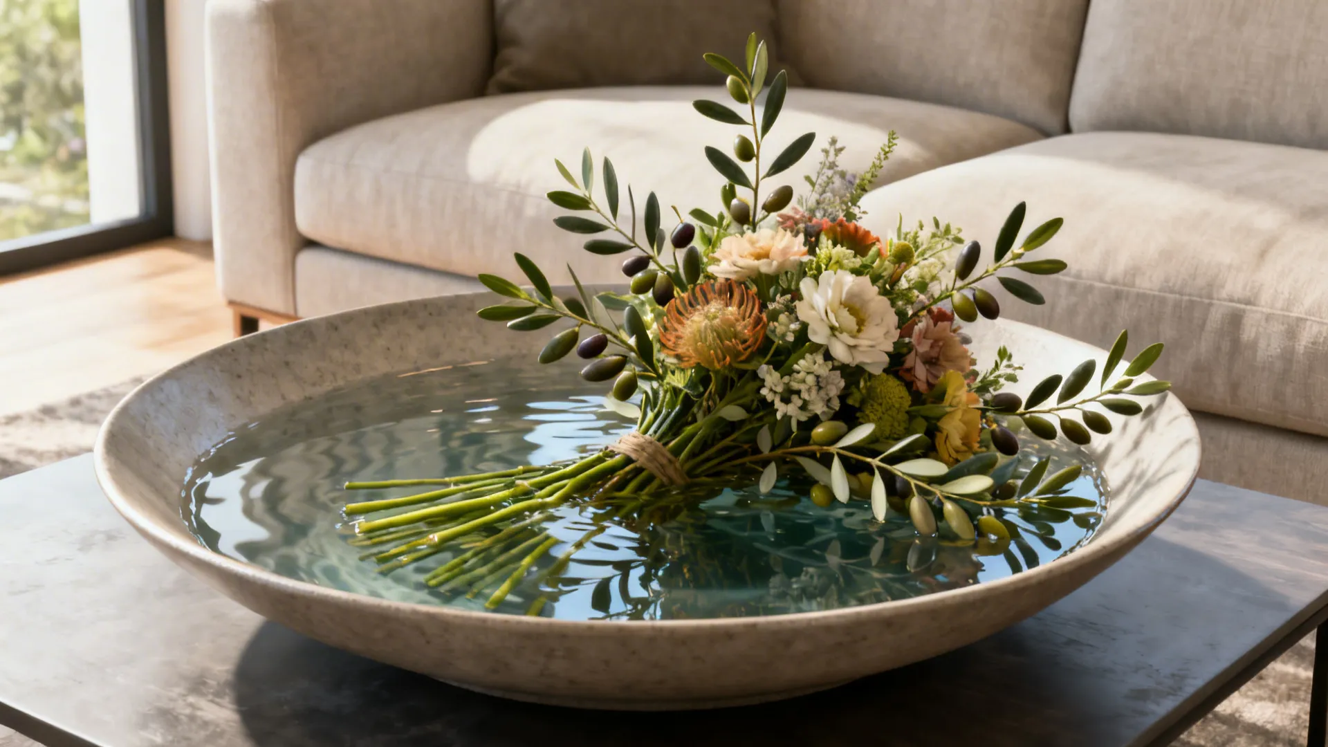 Low wide bowl with a seasonal floral arrangement on a coffee table