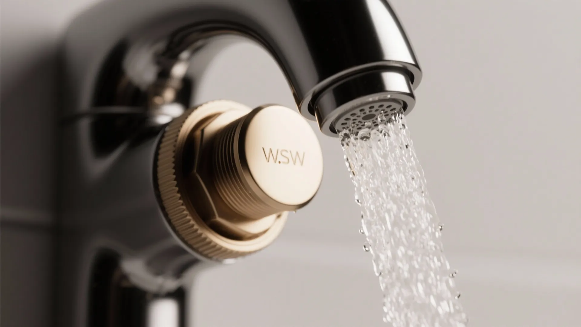 Close up of water flowing from a black faucet with a gold metal attachment piece