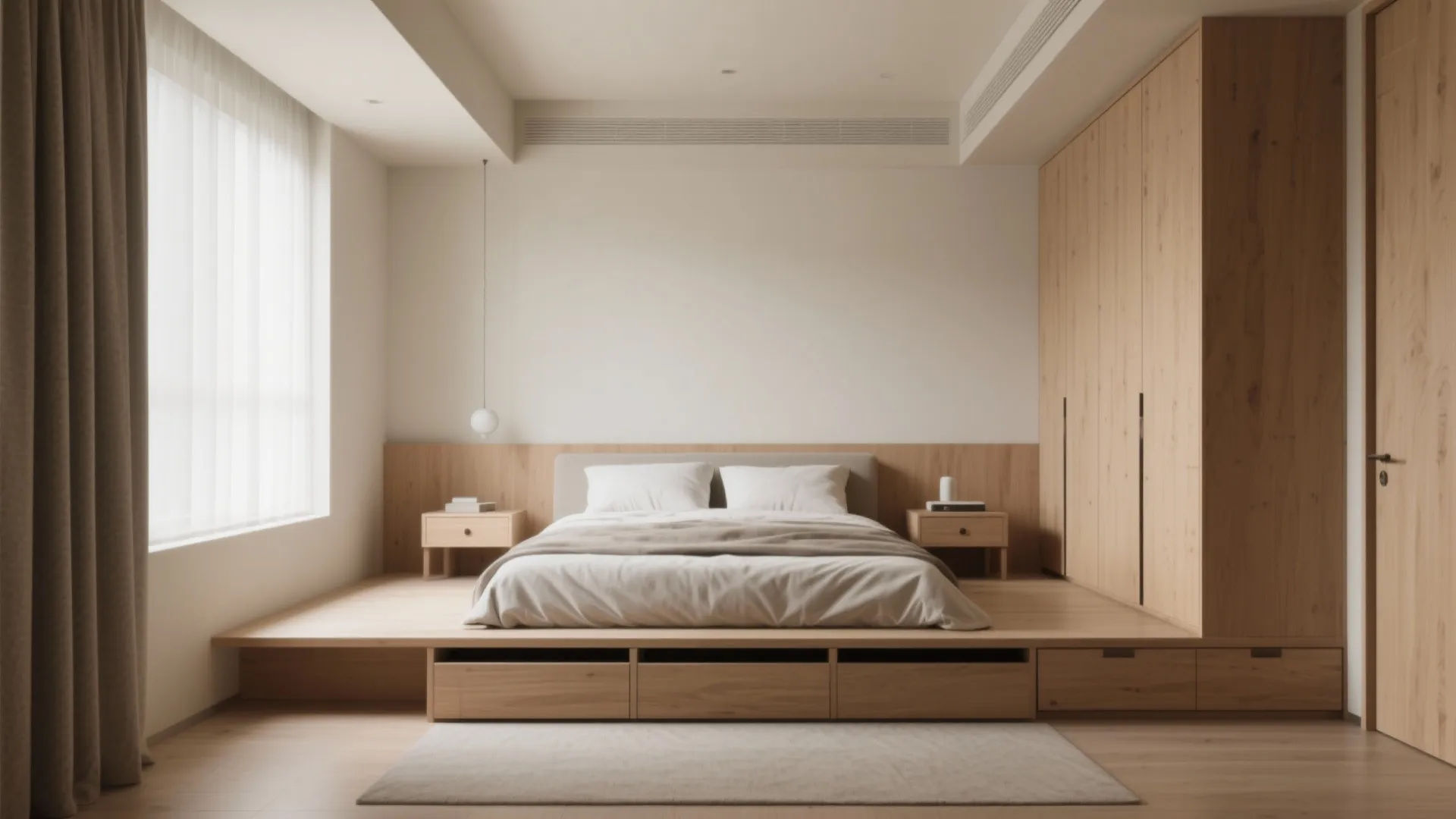 Minimalist bedroom with wooden platform bed and storage drawers next to a large bright window
