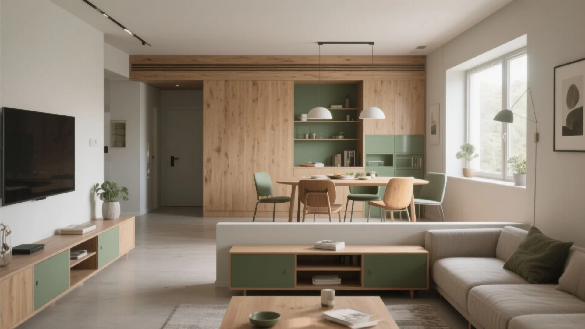 Modern open living room with green cabinets wooden furniture beige sofa and natural light through windows
