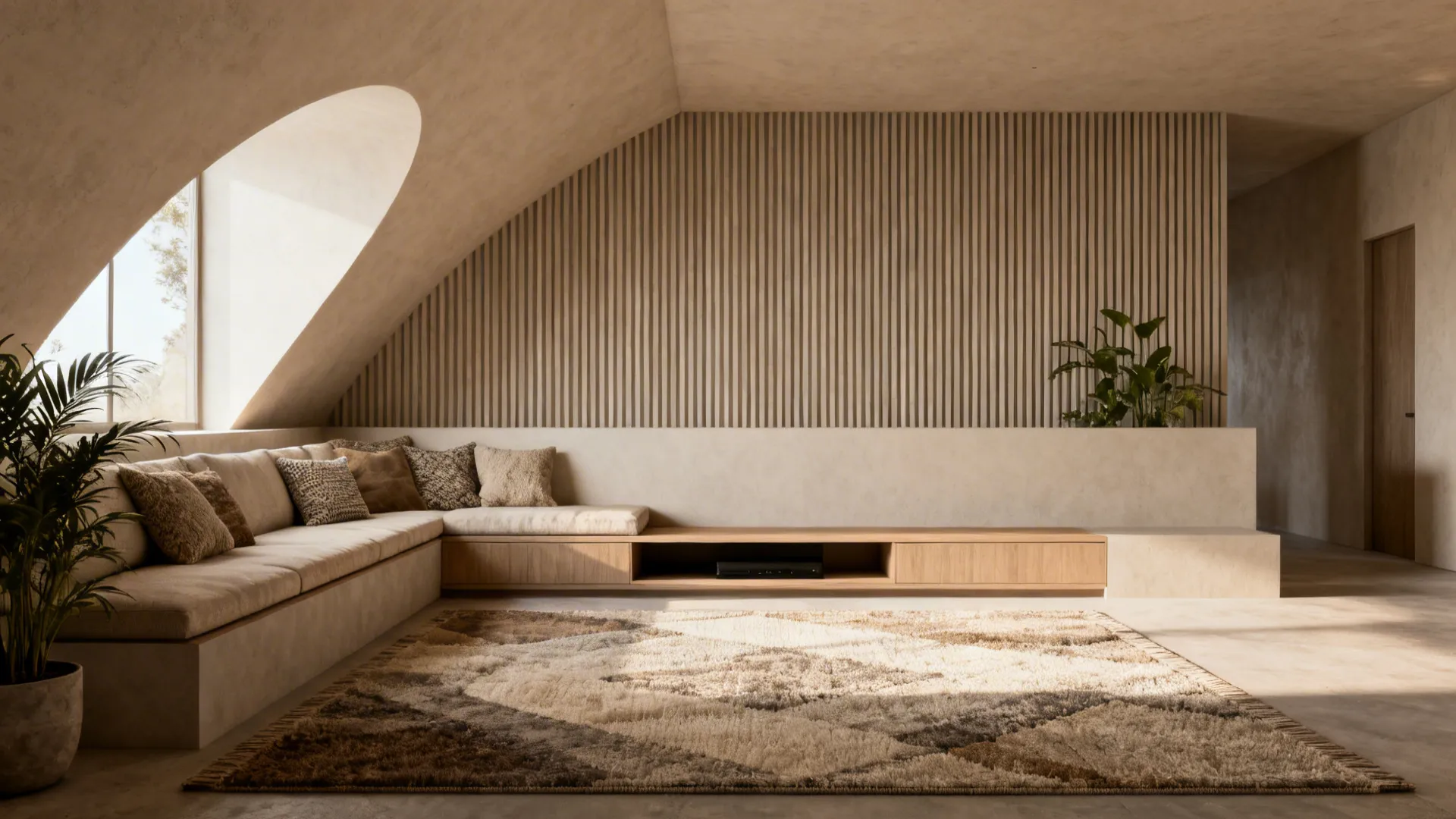 Low-profile sectional and long console stretching the eye horizontally in a half‑vaulted living room.