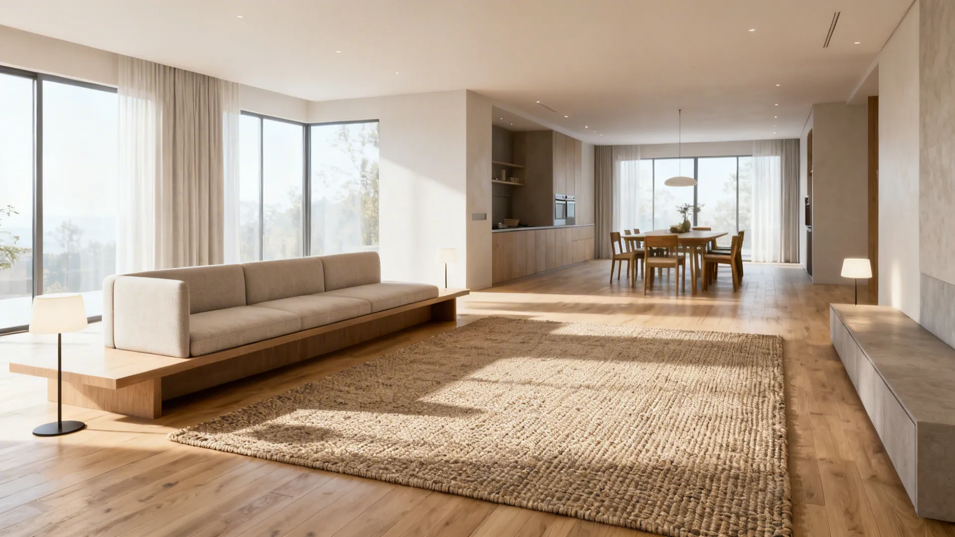Low-back sofa, low console, and rug subtly dividing an open living and dining area.