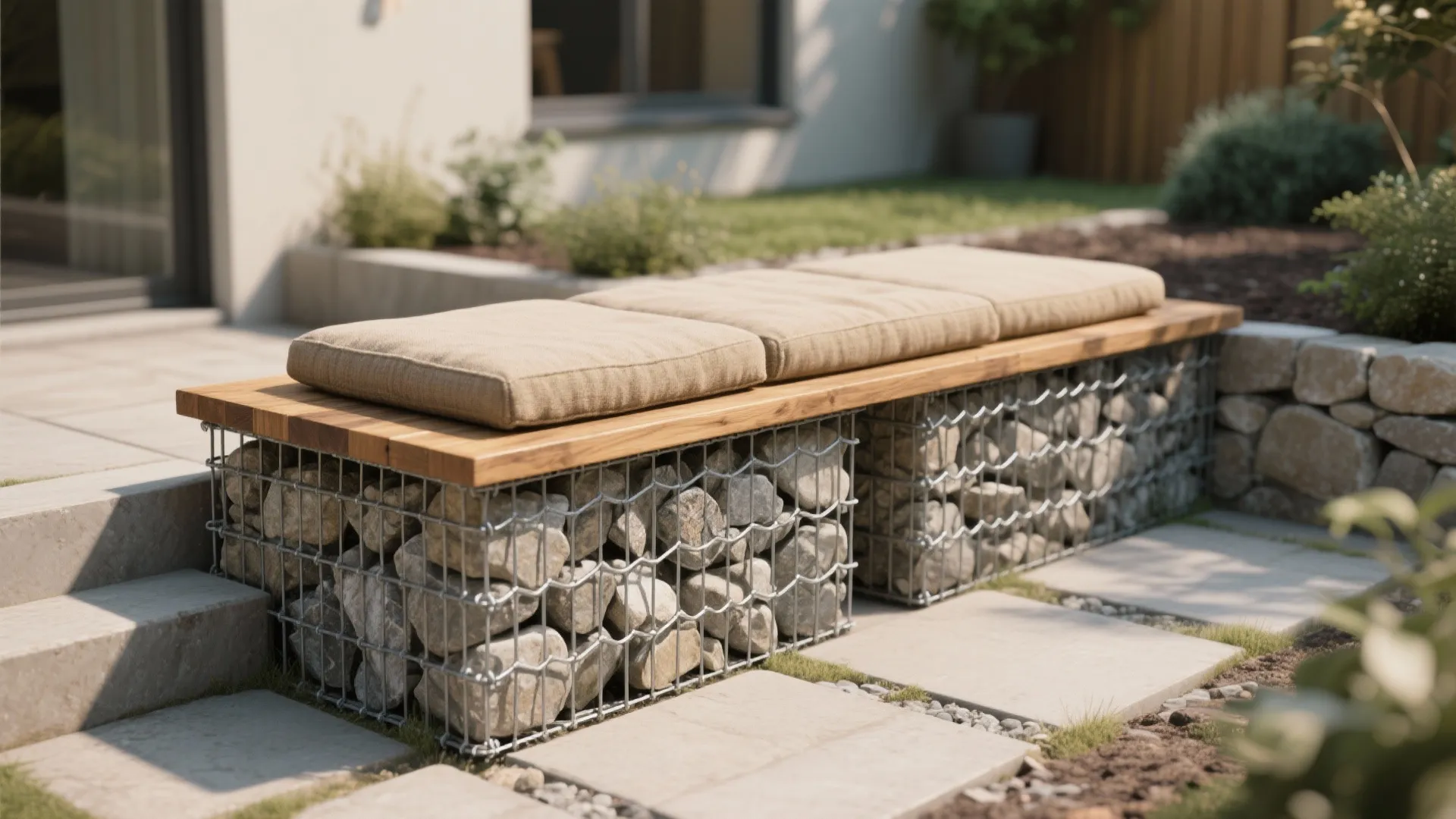 Outdoor garden bench with stone base plus wooden top and three beige cushions on stone patio