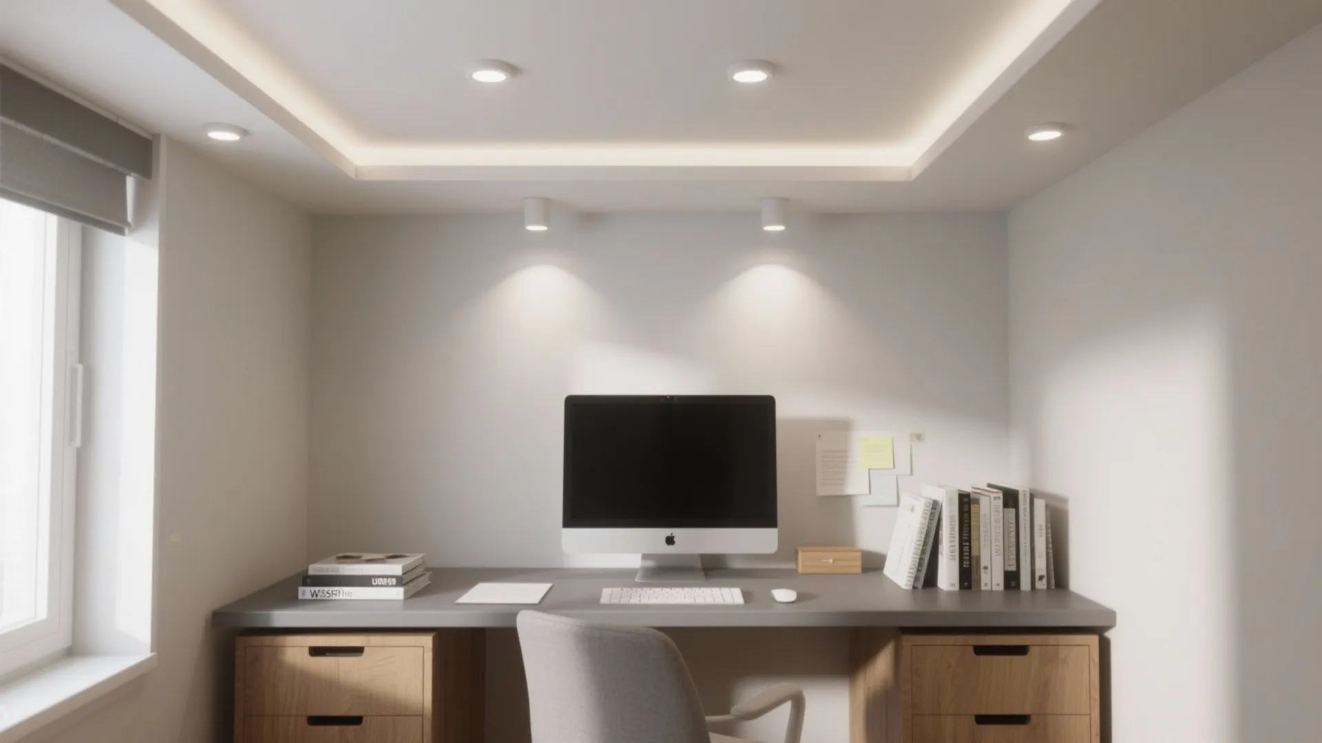 Minimalist home office desk with computer chair wall light and recessed ceiling light fixtures above desk